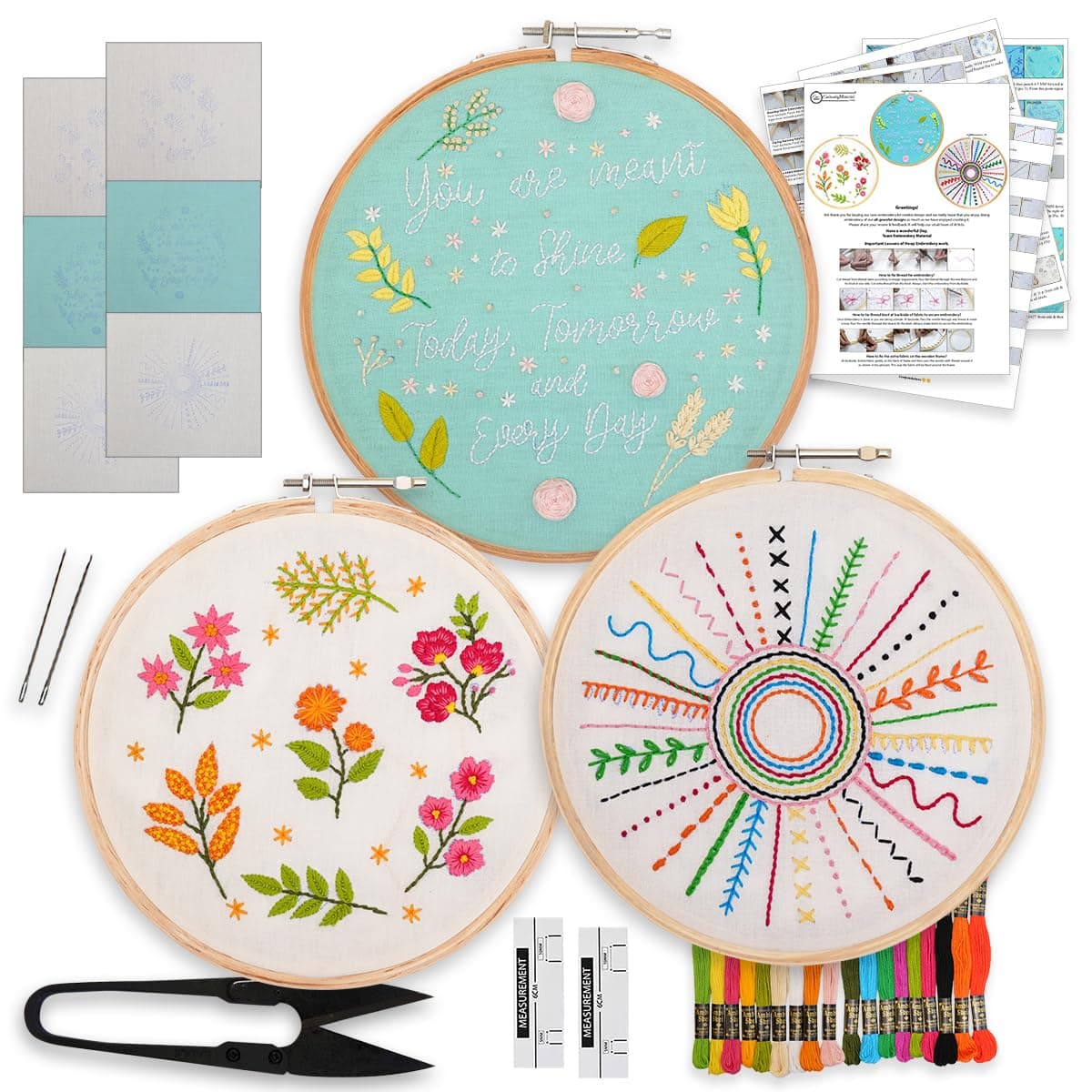 Embroidery DIY Kit Combo 3New Designs 8 Tutorial Pages 6 Printed Fabrics-18 Threads & All Other Materials Included-15 Type of Stitches