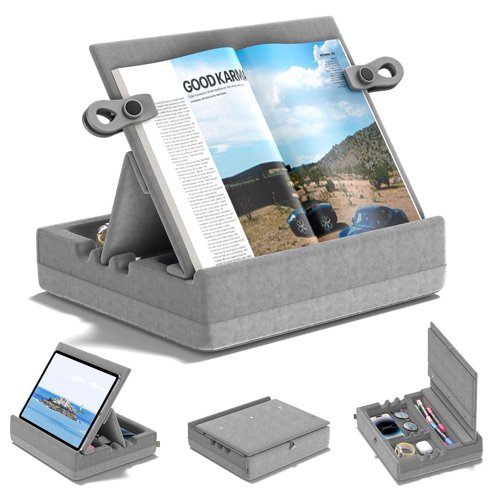KDD Book Stand Holder for Reading, Multi-Angle Viewing Reading Pillow Stands with Organizer Tray for Lap, Bed, Desk and Couch, Foldable Tablet Pillow Holder for I-pad, Phone, E-Reader (4.7"-15")