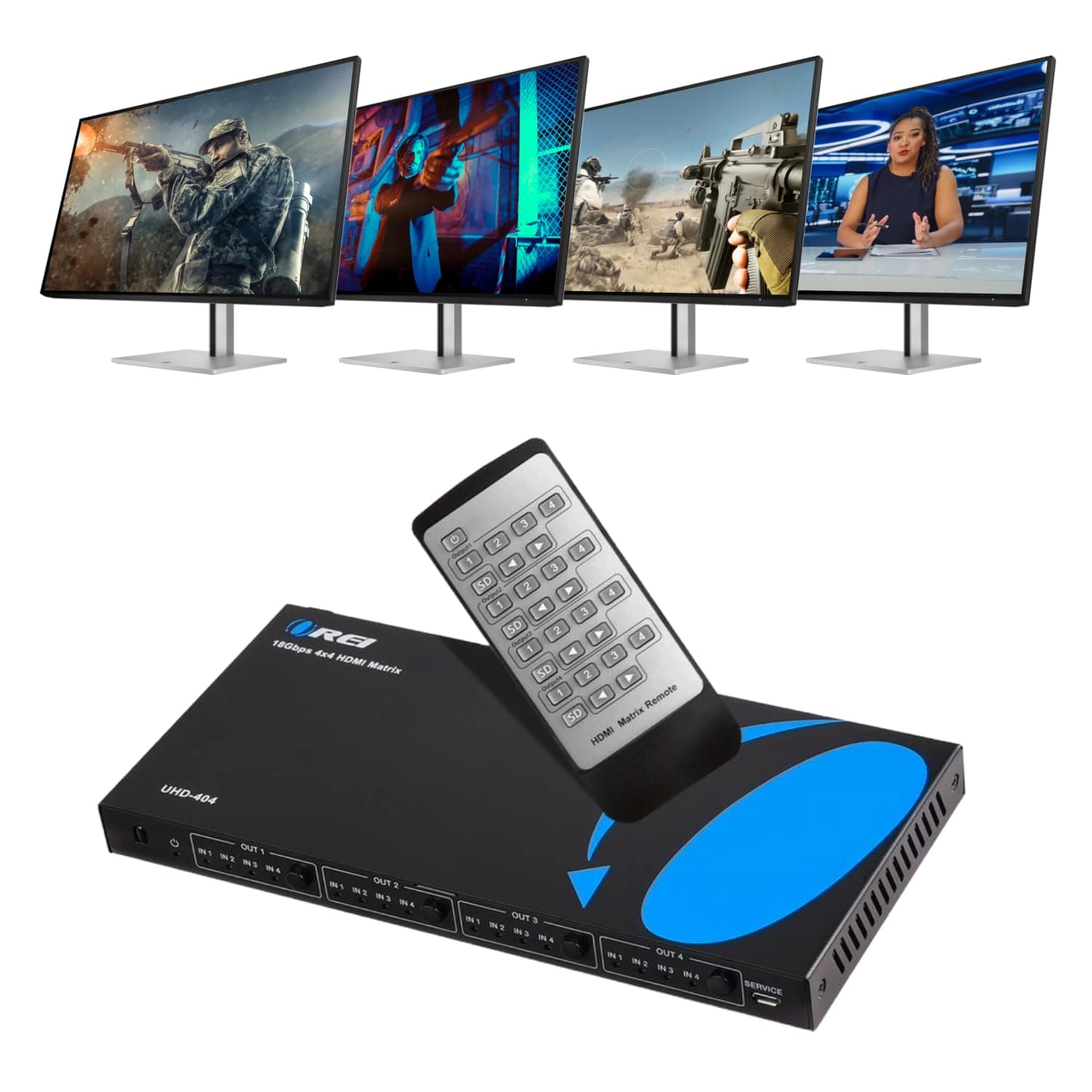 4x4 HDMI 4K Matrix Switch/Splitter by (4-Input, 4-Output) with Remote Control Supports UltraHD 4K@60Hz 4:4:4, HDR, YUV, HDMI 2.0, HDCP 2.2, 3D, 1080p, 18 GBPS - Downscaler (4K & 1080p Together)