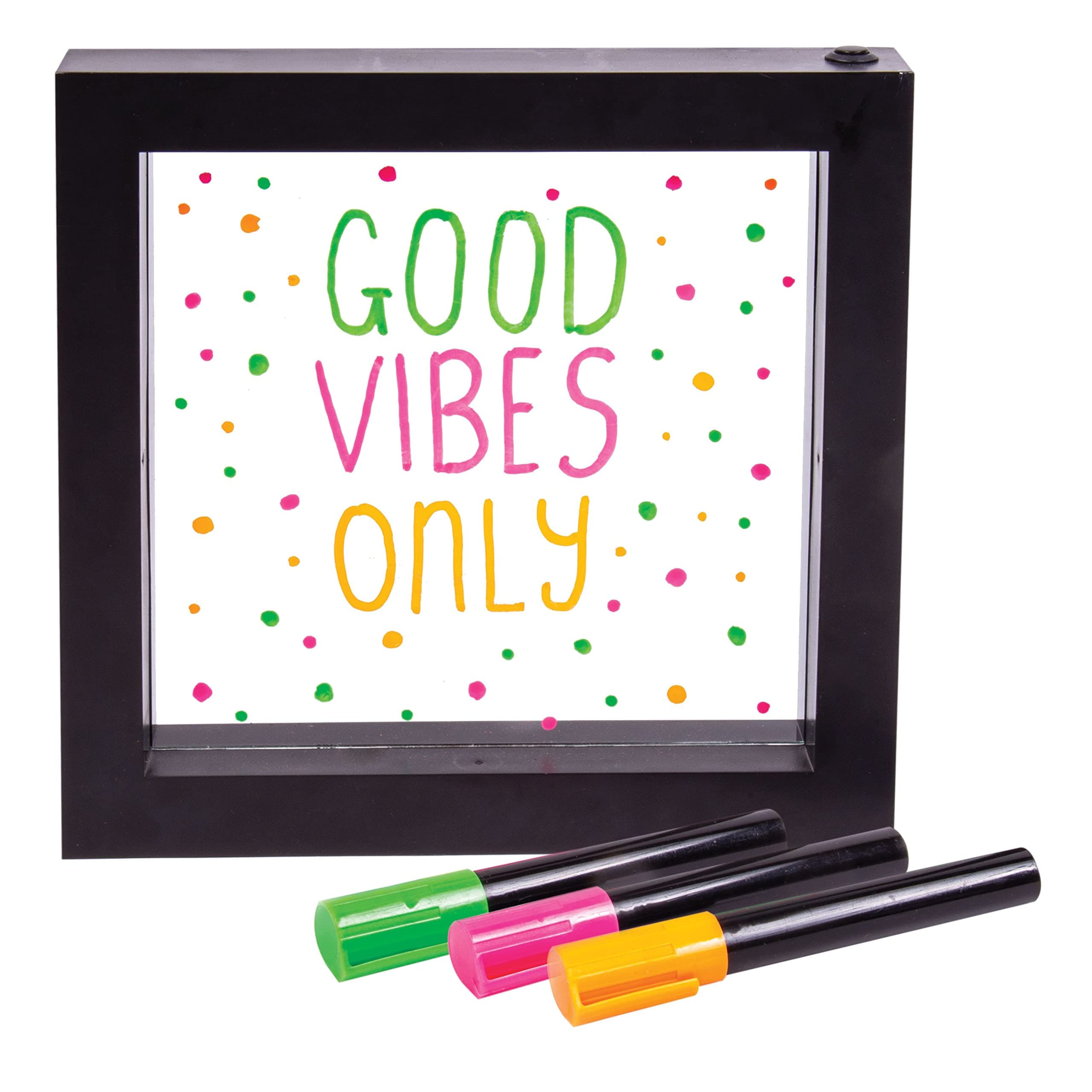 Neon Light Effect Message Frame. Includes 3 Coloured Pens to Write Your Message - Pink, Green & Orange. Wall Mountable. Wipe Clean. Battery Powered. Notice Board LED Sign