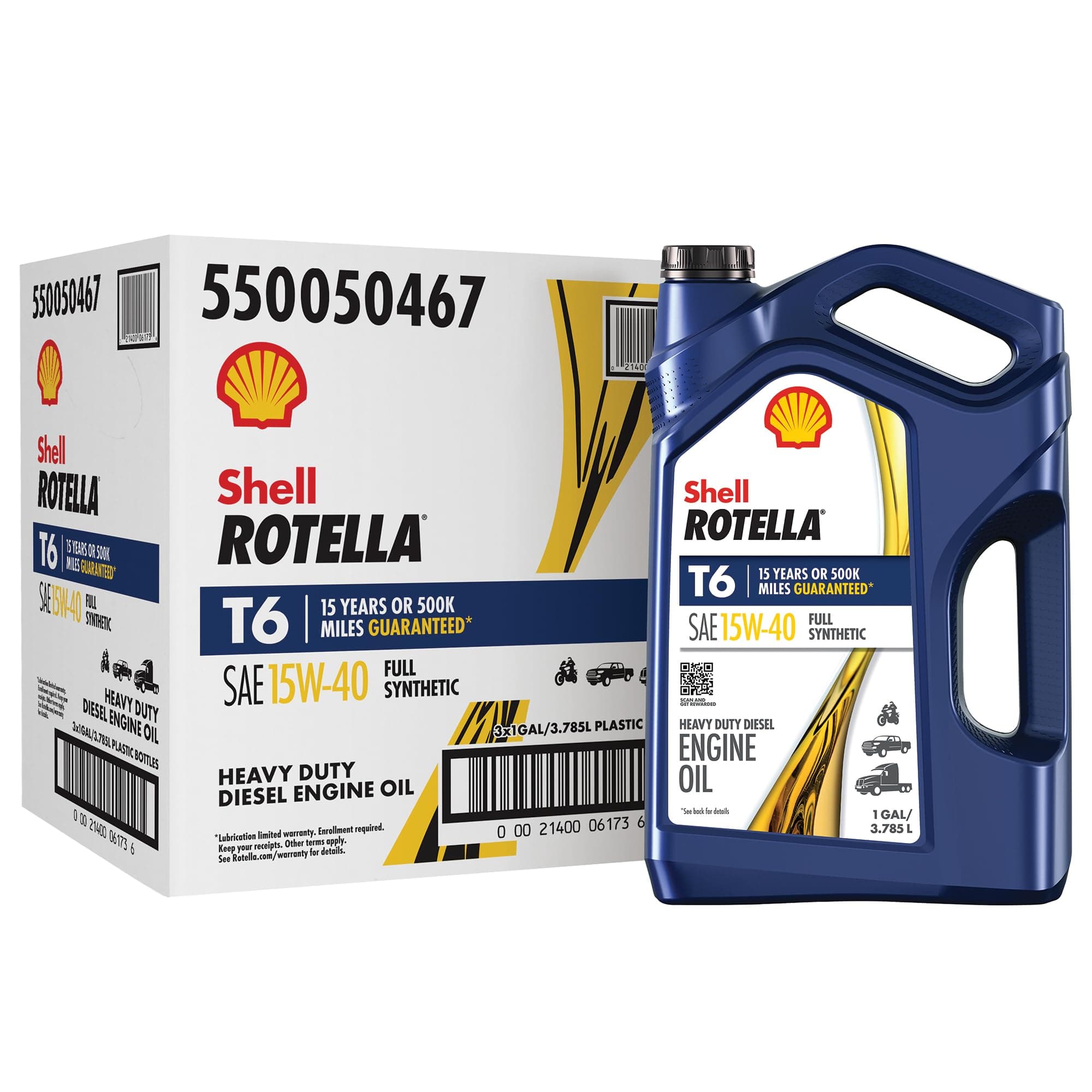 Shell Rotella T6 Full Synthetic 15W-40 Diesel Engine Oil, 1 Gallon (3 Pack)