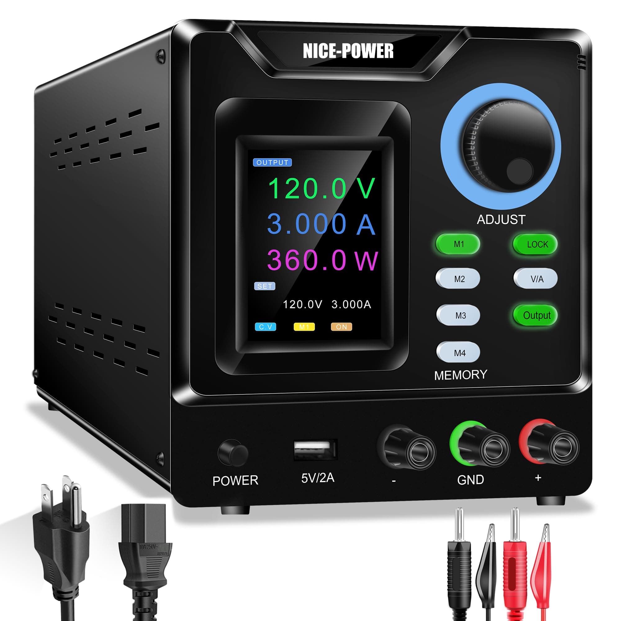NICE-POWER DC Power Supply Adjustable Variable 4-Digital LED Display Adjustable Regulated Switching DC Lab Bench Power Supply Digital (120V 3A Black)