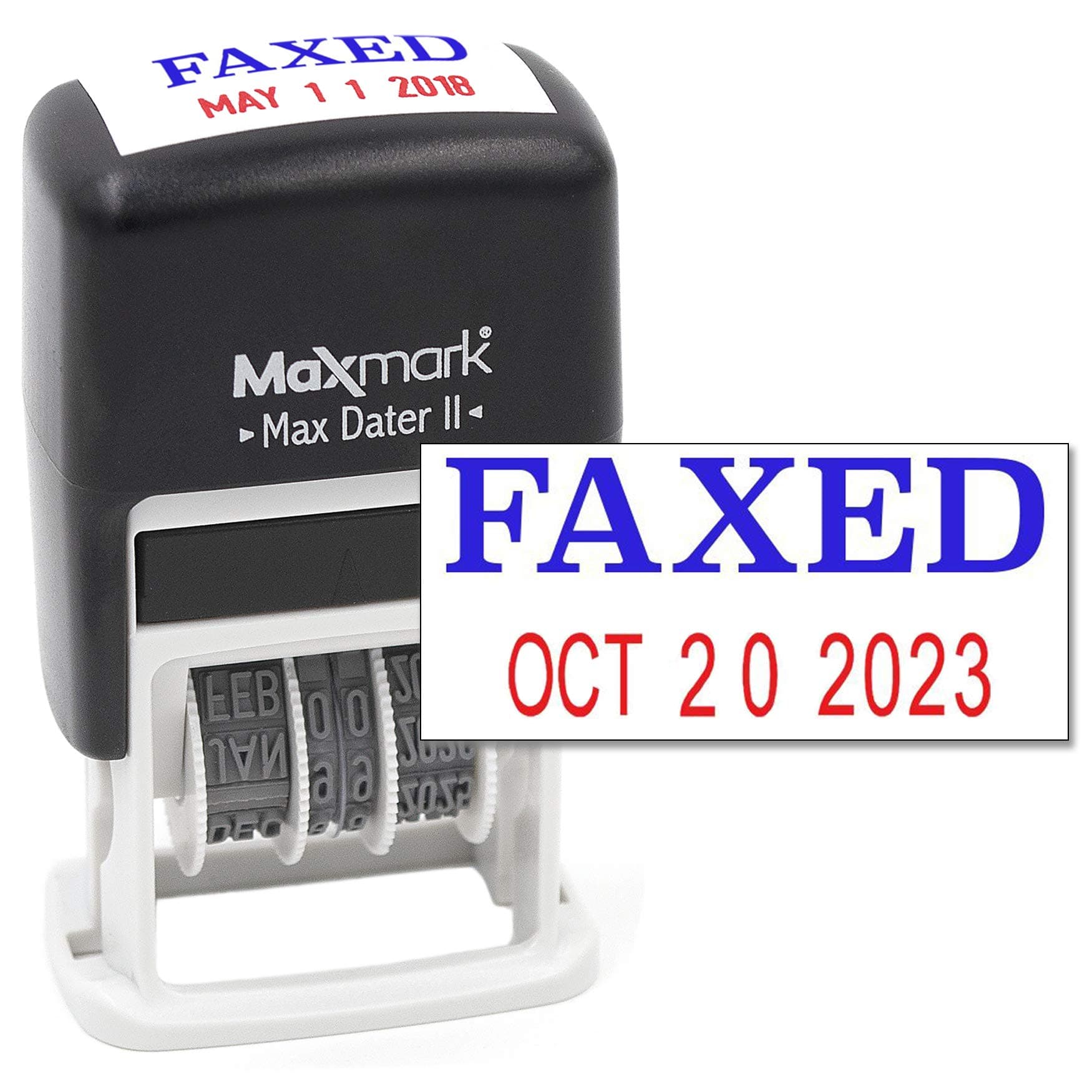 MaxMark Self-Inking Rubber Date Office Stamp with Phrase & Date - 2 Color Blue/Red Ink (Max Dater II), 12-Year Band FAXED