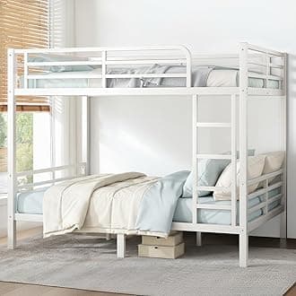 Full Over Full Bunk Bed Frame, Heavy Duty Metal Loft Bed for Adults/Teens, 350/500LB Capacity w/Ladder & Guardrail, Noise-Free Steel Slats, No Box Spring Required, White