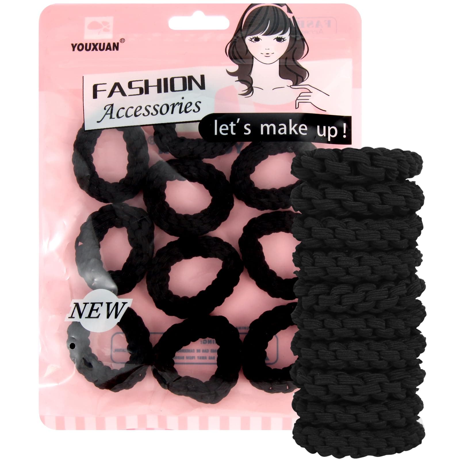 Youxuan Elastic Hair Ties for Women - No Damage, No Slip, No Pull Hair Bands - Comfortable Handmade Braided Polybands for Girls - 10-Pack Black Polyester Scrunchies