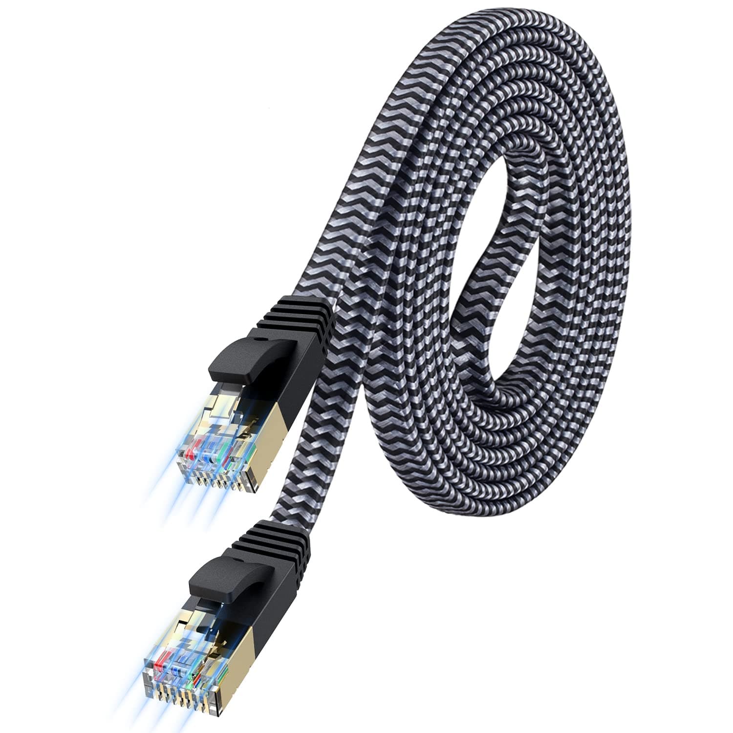 Cat 7 Ethernet Cable 50 ft - Flat Design, Easy Install, Nylon Braided, More Durable High Speed Internet Cable Network Cord Shielded LAN Cables for Computers, Routers, Switches, and Gaming Consoles