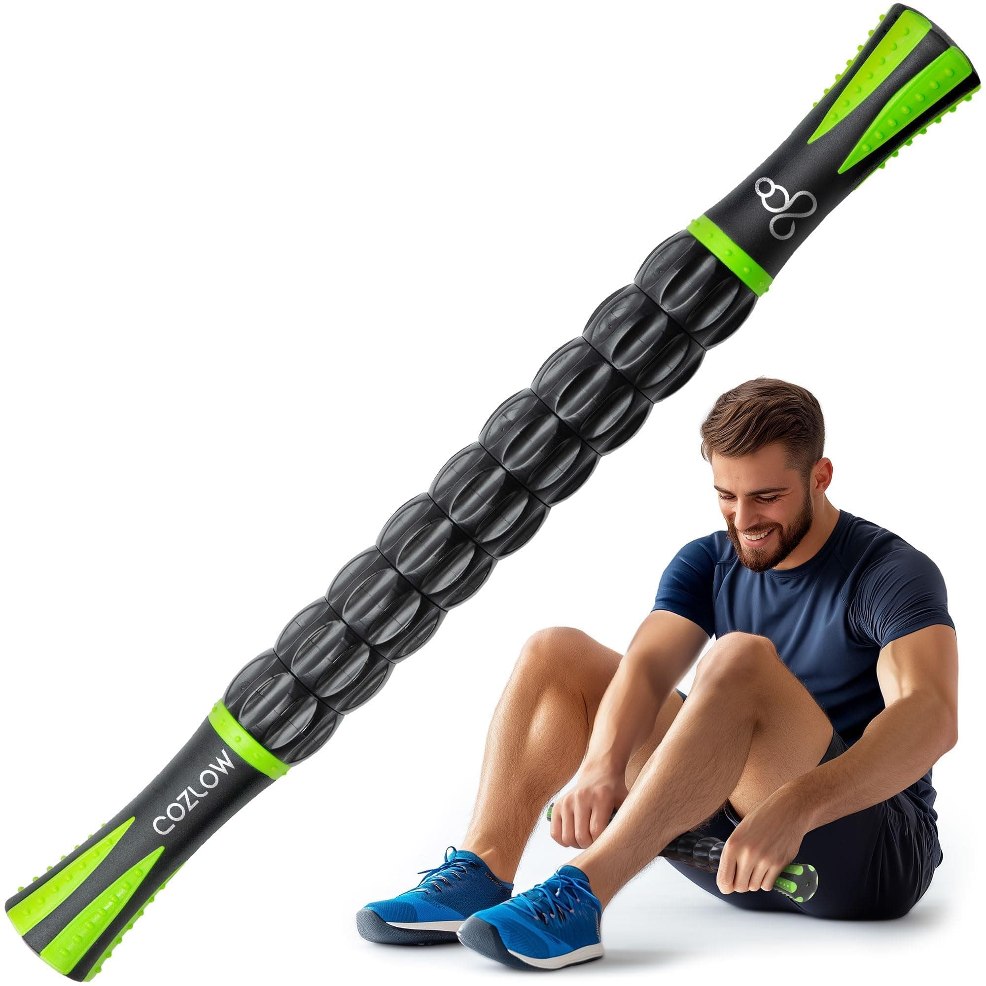 Muscle Roller Stick - Black Green - Body Massage Tool w/ 9 Rollers & Non-Slip Handles for Deep Tissue Massage & Maximum Muscle Recovery - by Cozlow