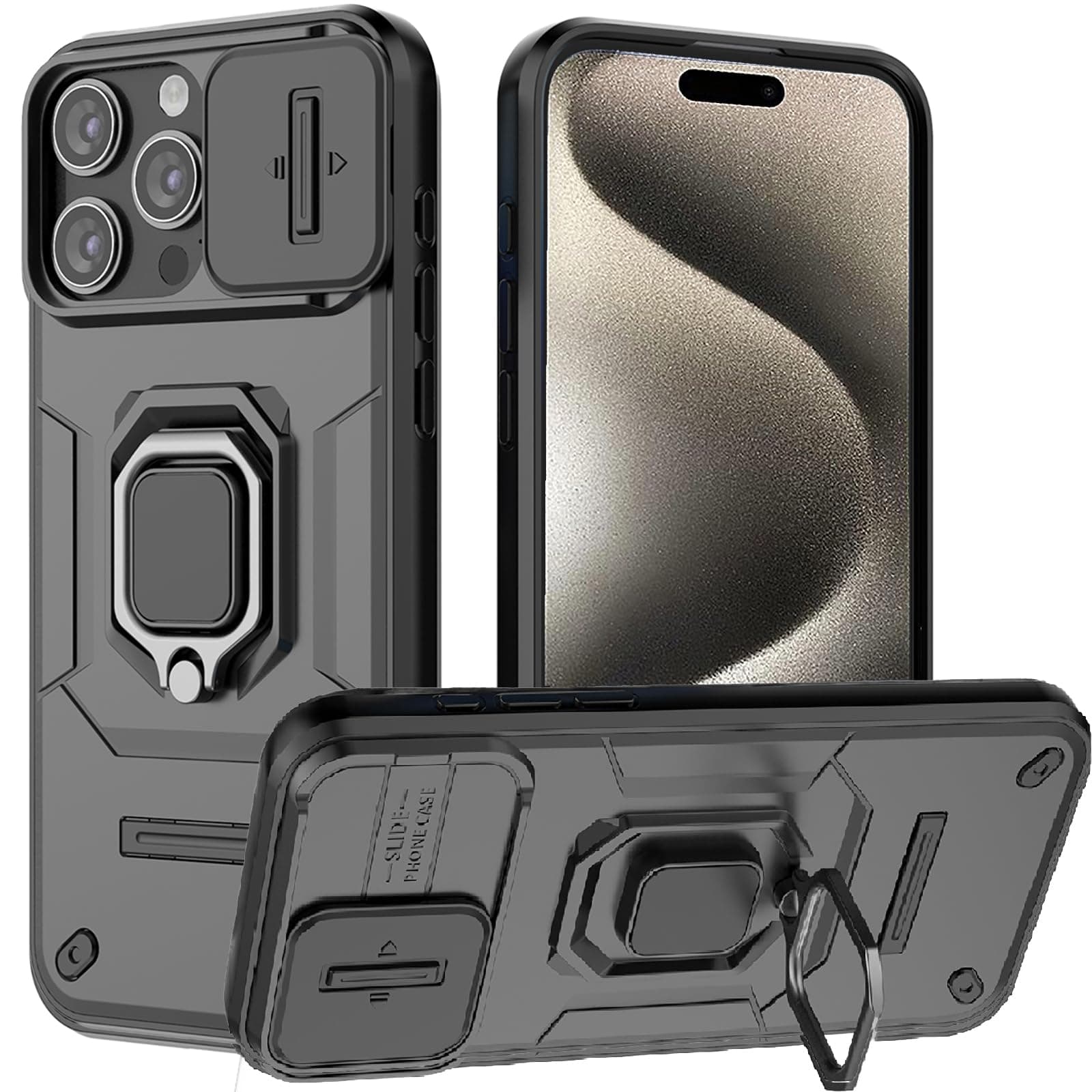 for iPhone 15 Pro Case with Sliding Camera Cover and 360° Rotate Ring Kickstand Heavy Duty Protective Shockproof Protective Phone Case for iPhone 15 Pro Cover,Black