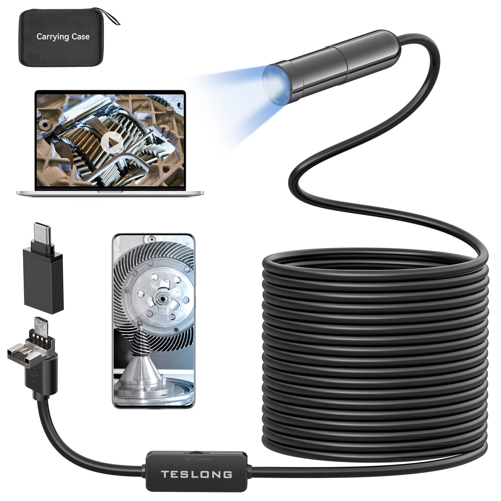 5MP Auto-Focus Endoscope, 3rd Generation USB Borescope with 5.0 Megapixel Inspection Camera, 16.5ft Waterproof Semi-Rigid Cable & Adjustable Led Lights Probe for Android Phone Windows MacBook