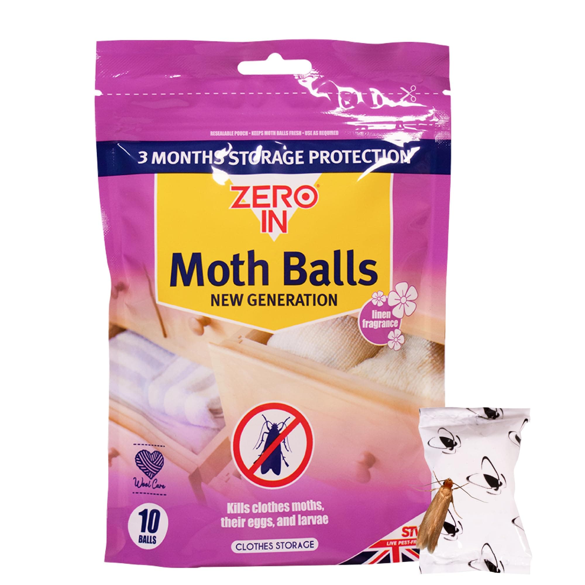 New Generation Moth Balls - 10-Pack. Place in Wardrobes, Cupboards and Drawers to Kill Clothes Moths, Eggs, and Larvae. Fragranced, White