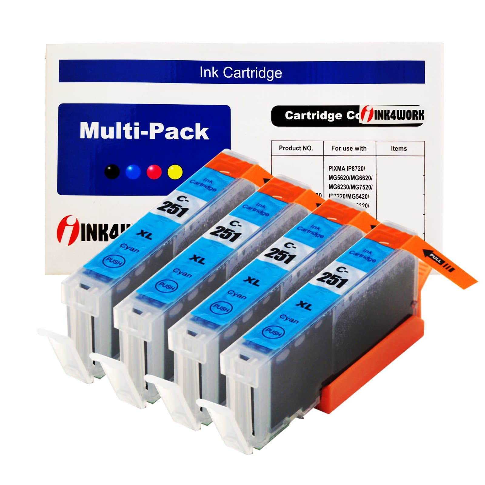 INK4WORK Compatible Ink Cartridge Replacement for Canon CLI-251XL CLI-251 XL for PIXMA MX722 MX922 iP7220 iP8720 iX6820 MG5420 MG5422 MG5520 MG5522 MG5620 (Cyan, 4-Pack)