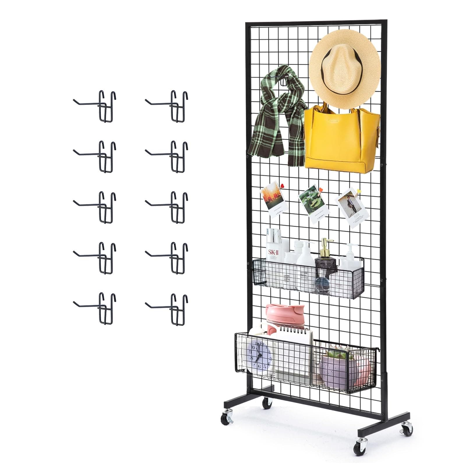 1 Pack 2.5'x 6' Three Pieces Grid Wall Panels Stand with T-Base, Black Wire Grid Wall Rack with Wheels, Craft Display Rack, Retail Display, Art Display, Extra More 10 Pieces Hooks