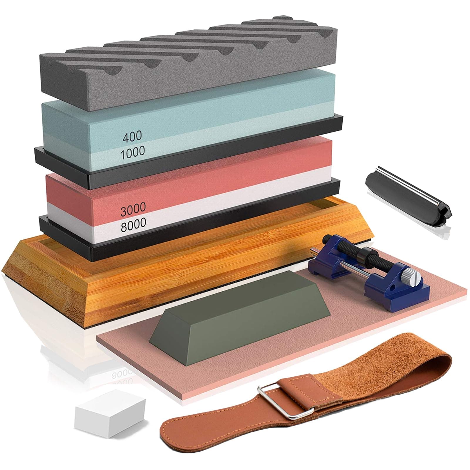 BRITOR Knife Sharpening Stone, Whetstone Includes 4 Side Grit 400/1000 3000/8000, Non-Slip Bamboo Base, Angle Guide, Polishing Compound, Leather Strop, Flattening Whetstone Sharpening Kit