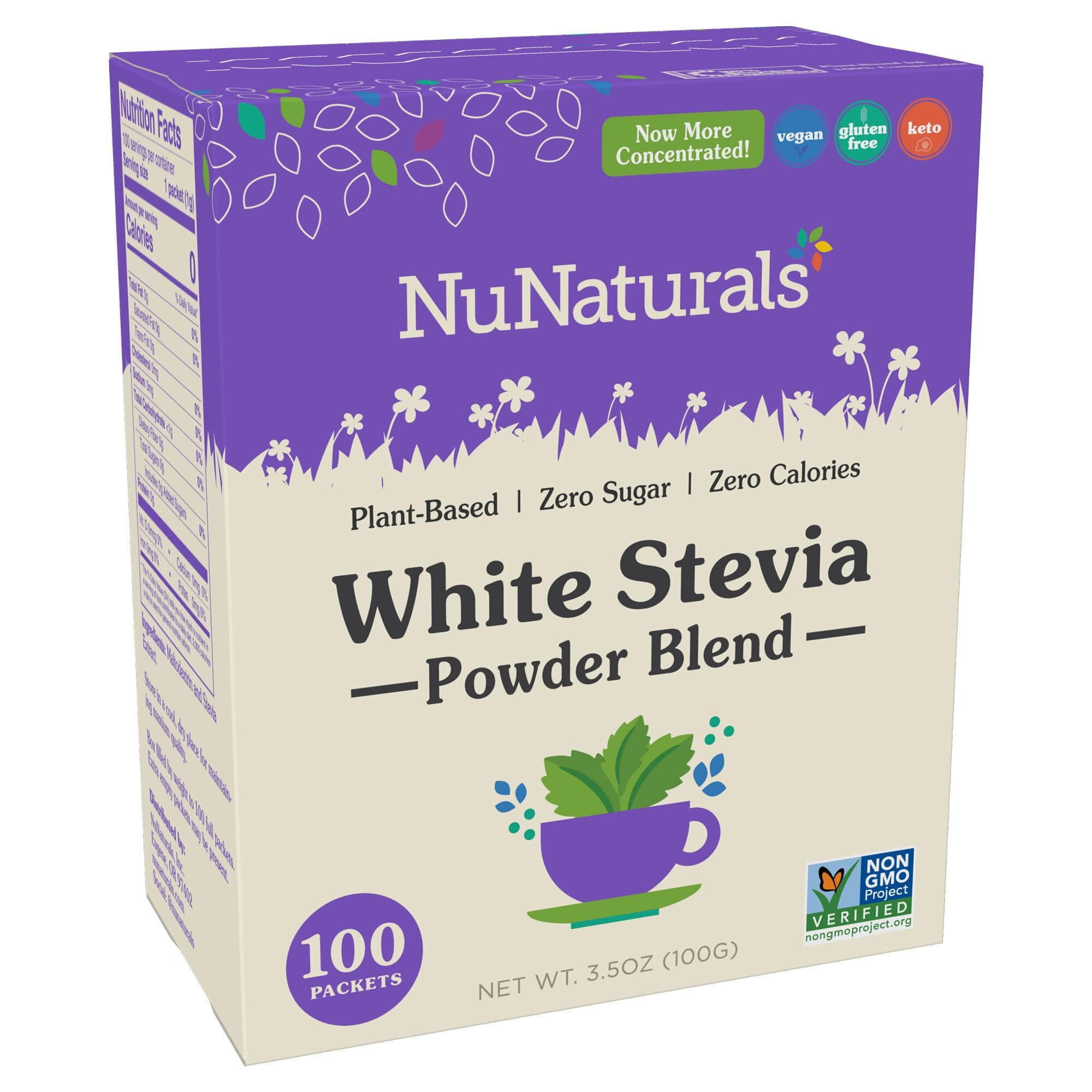 NuNaturals White Stevia Powder Packets, Single-Serve, Zero Calorie Sugar Substitute, 100 count