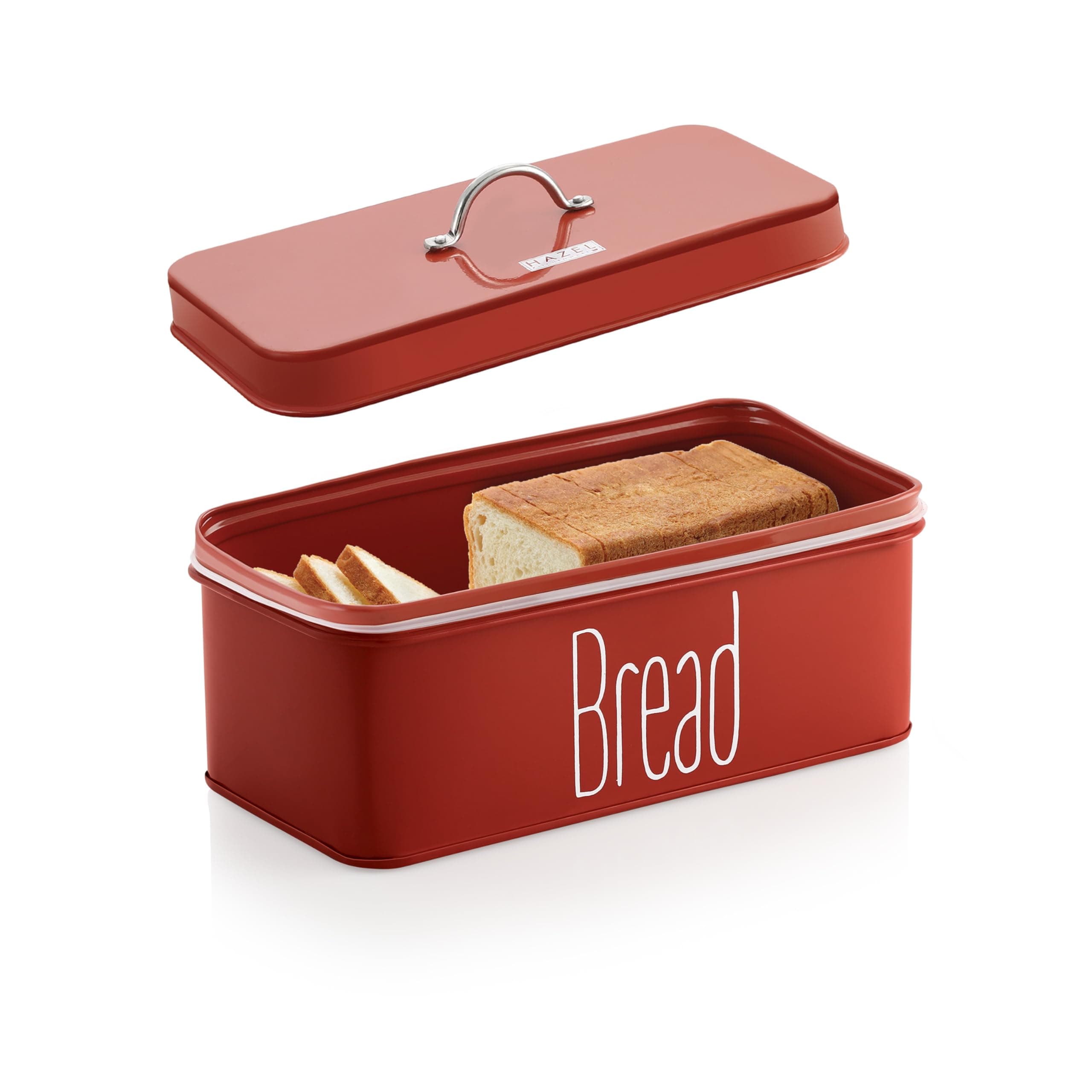HAZEL Metal Bread Box with Handle Lid | 4100 ml Bread Storage Box for Kitchen | Bread Dispenser Box | Food Grade Storage Box for Kitchen (Red)