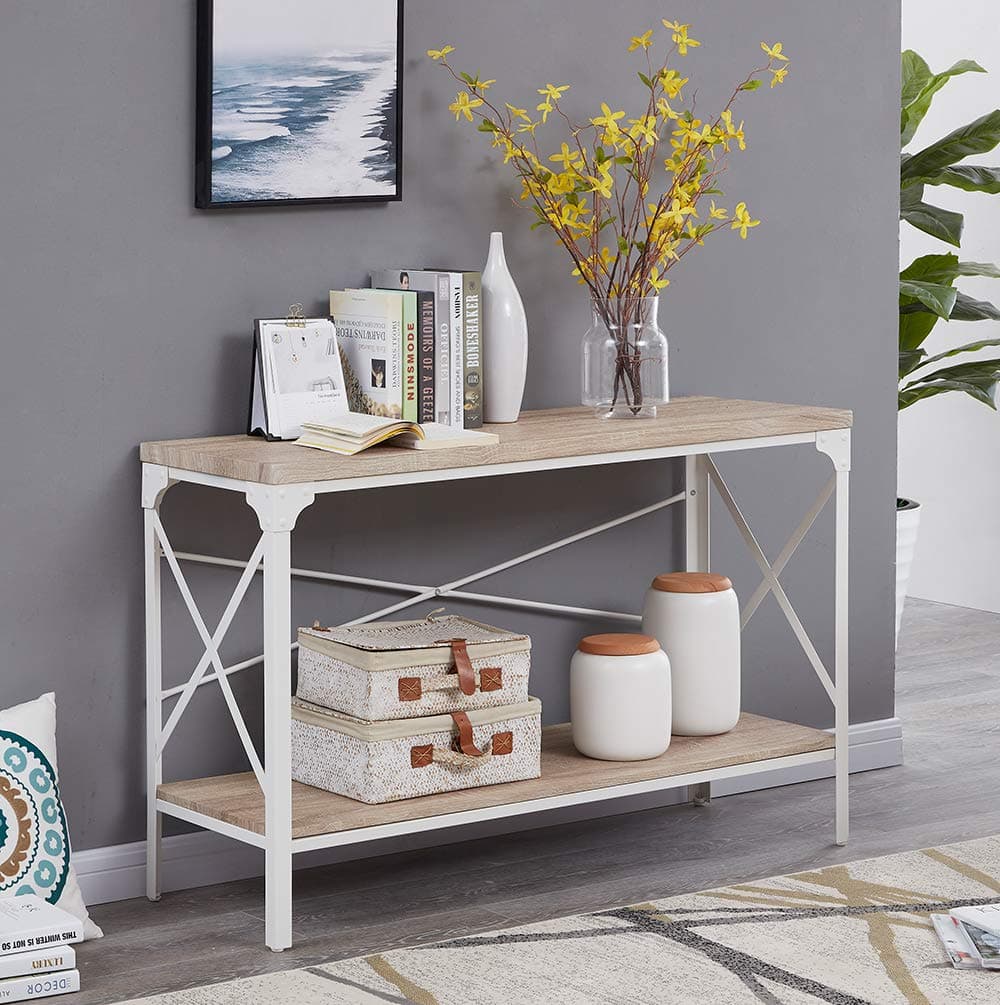 HOMISSUE Modern Style White Sofa Table with Storage Shelf, 2 Tier Industrial Occasional Console Table for Entryway & Living Room, Light Oak Shelves, 47-Inch