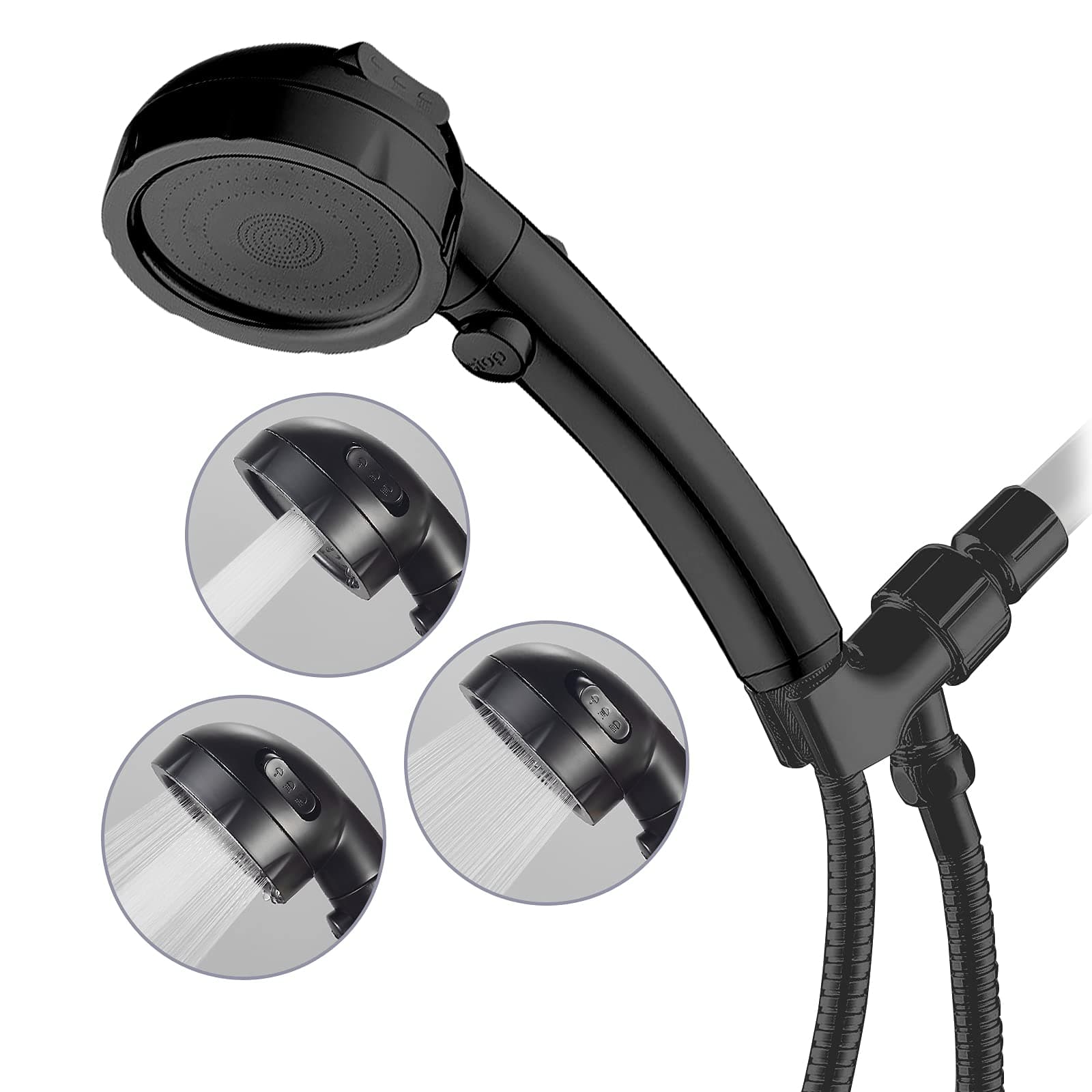 HANLIAN High Pressure Shower Head with Pause Function, 3 Spray Settings Handheld Shower Head with On Off Switch, Watersaving Detachable Showerhead with 5Ft Stain Steel Hose and ABS Bracket (Black)