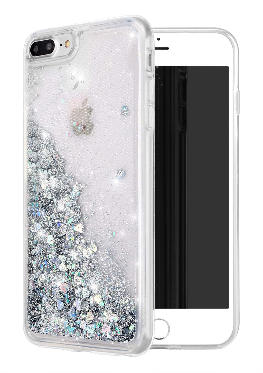 Case for iPhone 7 Plus,for iPhone 8 Plus,Double Layer Design Bling Flowing Liquid Floating Sparkle Colorful Glitter Waterfall TPU Protective Phone Case for iPhone 8 Plus, Silver