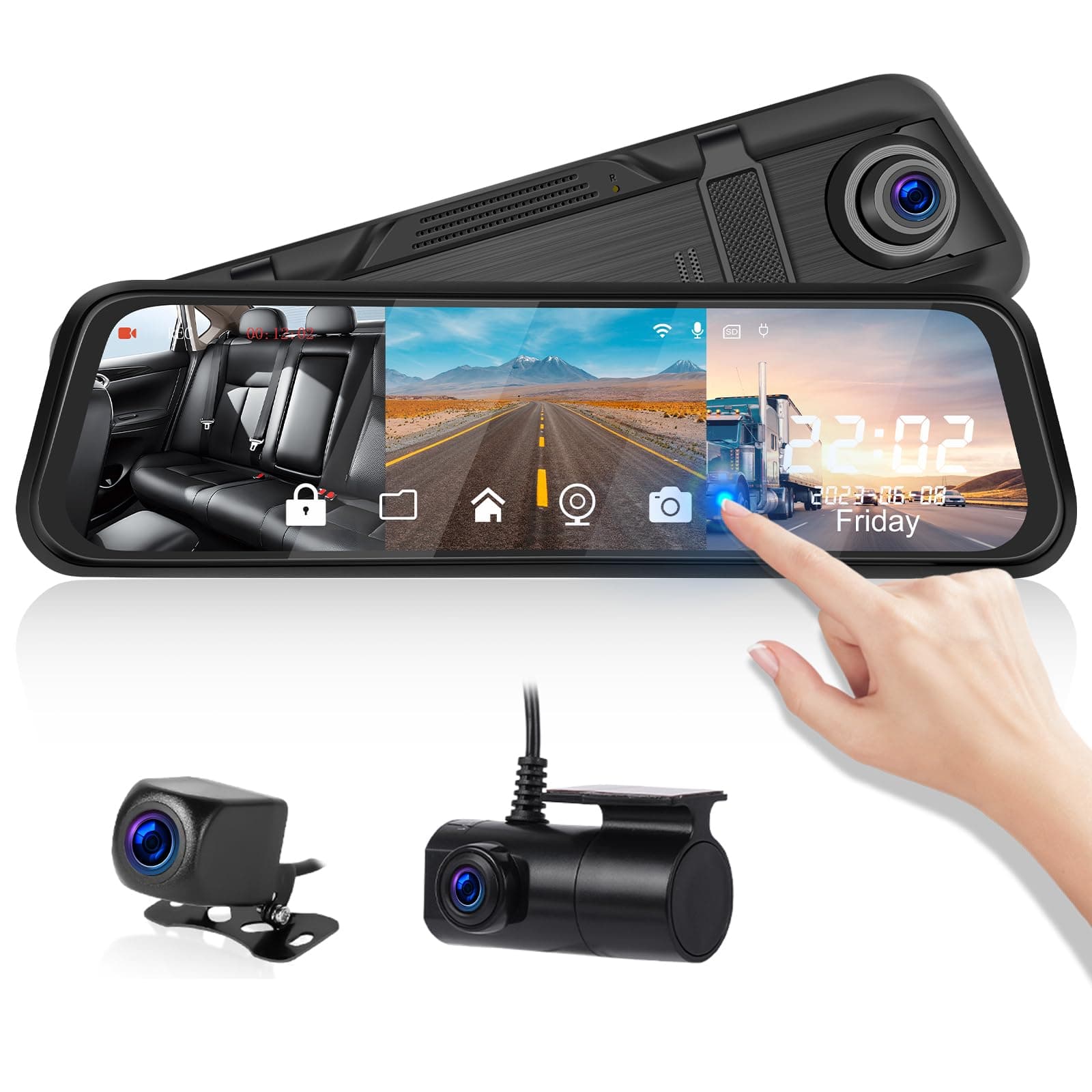 Mirror Dash Cam,3 Channel Front Inside and Rear Mirror Camera 9.66 inch HD Full Touch Screen with Superior Night Vision,G-Sensor,Parking Assistance,Parking Monitor WiFi APP Control for Cars/Trucks