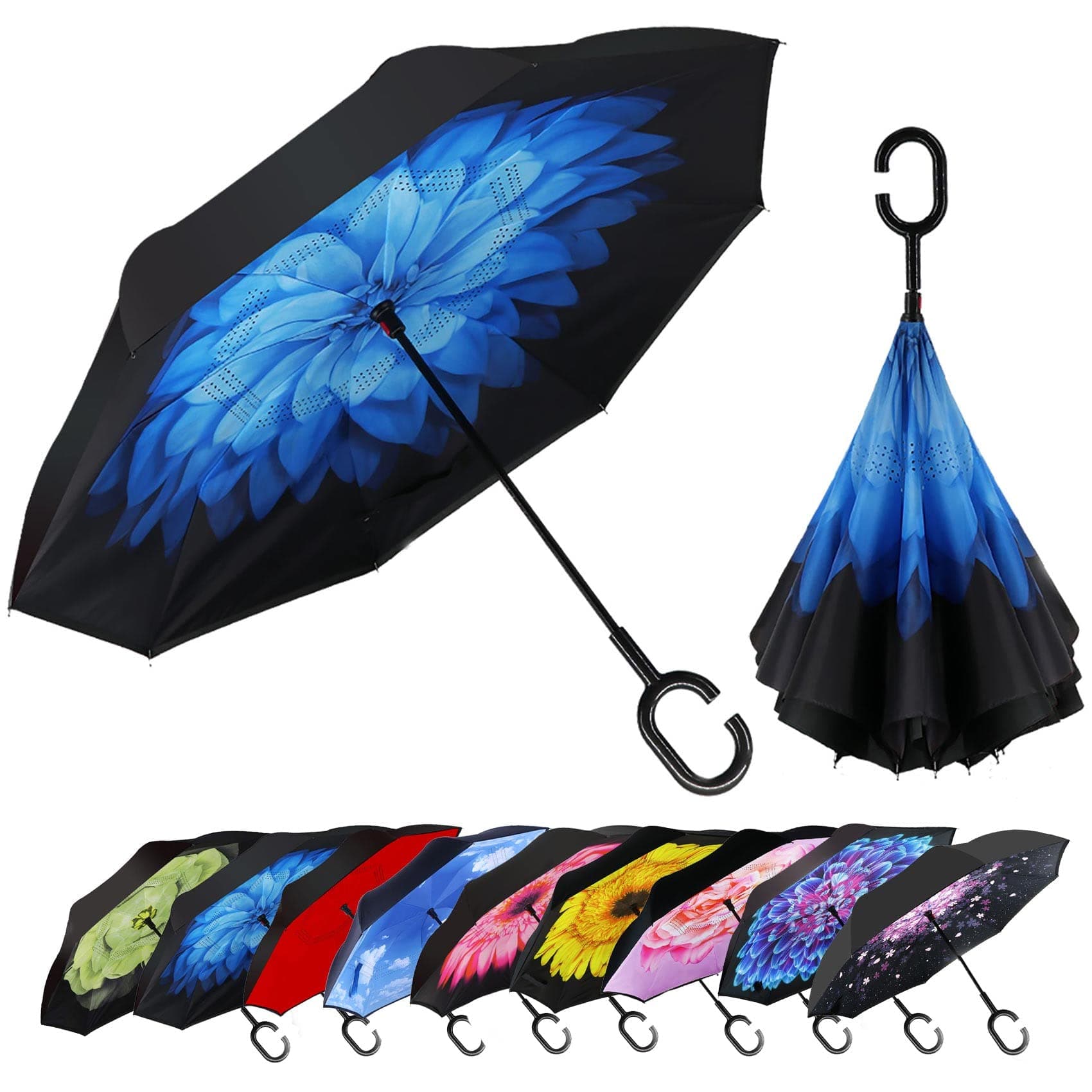 40/49/56 Inch Oversize Windproof Inverted Reverse Upside Down Umbrella, Golf Size Rain Umbrella, Double Layer, C-Shaped Handle for Men, Women and Kids