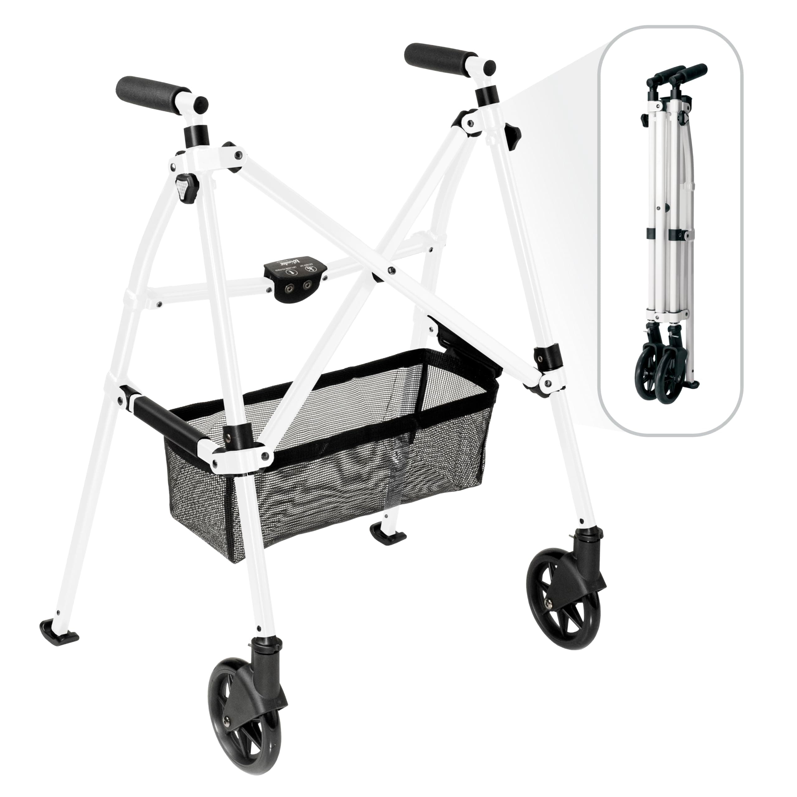 Stander Wonder Walker Plus, Lightweight Folding Rolling Walker for Adults, Seniors, Elderly, Collapsable Travel EZ Fold-N-Go Walker with Wheels, Glides, & Pouch, Compact Standard Walker, Vivid White