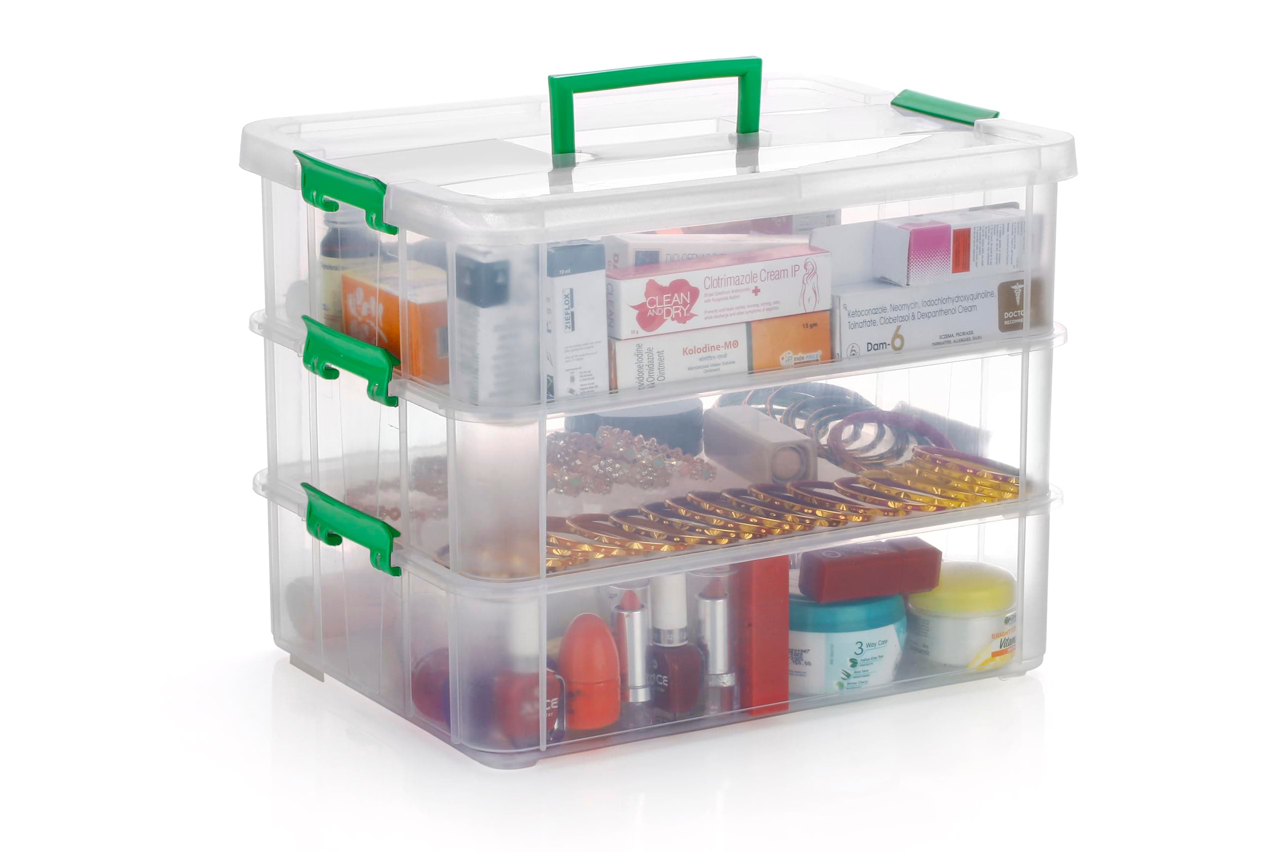 PALAK Plastic Storage Box - Transparent Rectangular Multi Utility Detachable,Portable&Stackable Space Saving Organiser With Lid For Medicine,Jewelry,Arts & Crafts,Buttons,Beads (3 Tier,Green)