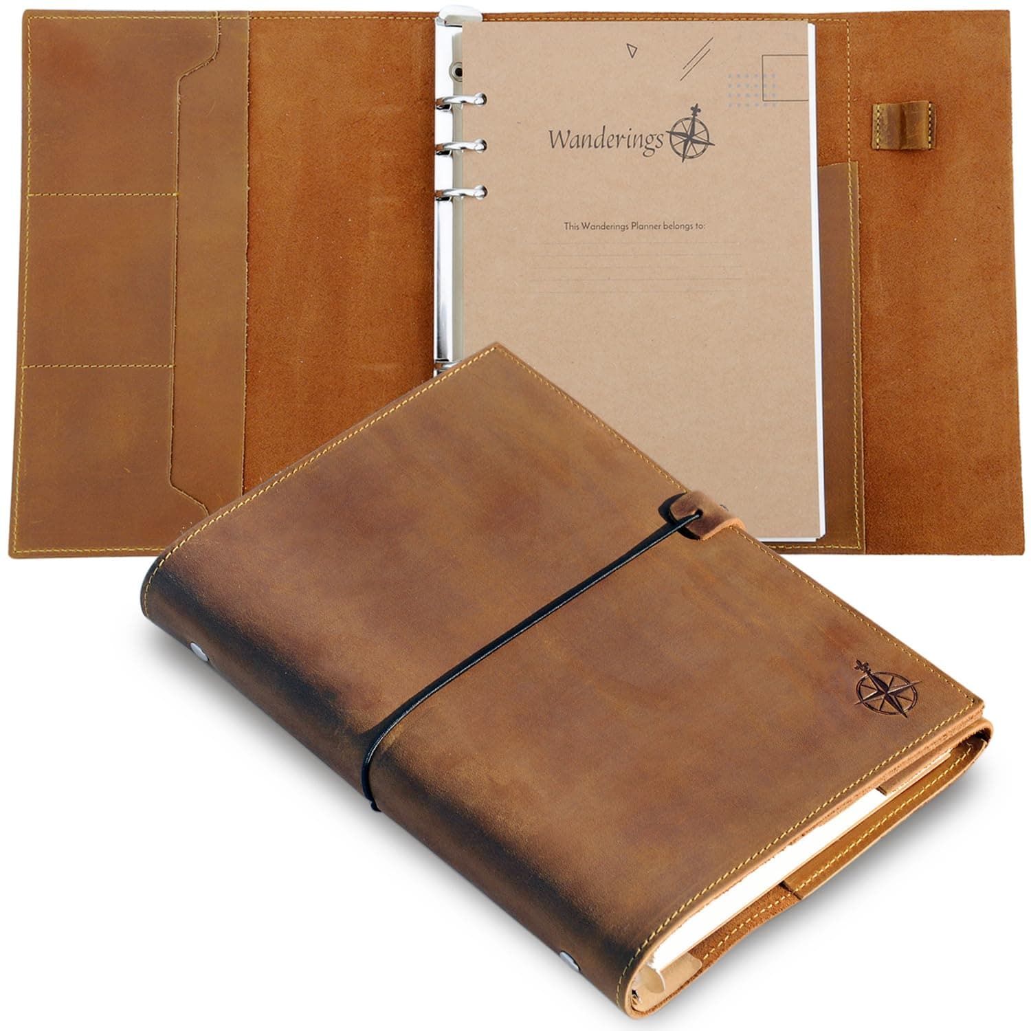 Refillable A5 Leather Binder Journal - 6 Ring Binder Organizer with Pockets - Hand-Crafted Genuine Leather Folio - Filofax Compatible. Mixed Loose Leaf Pages, 22cm x 15cm