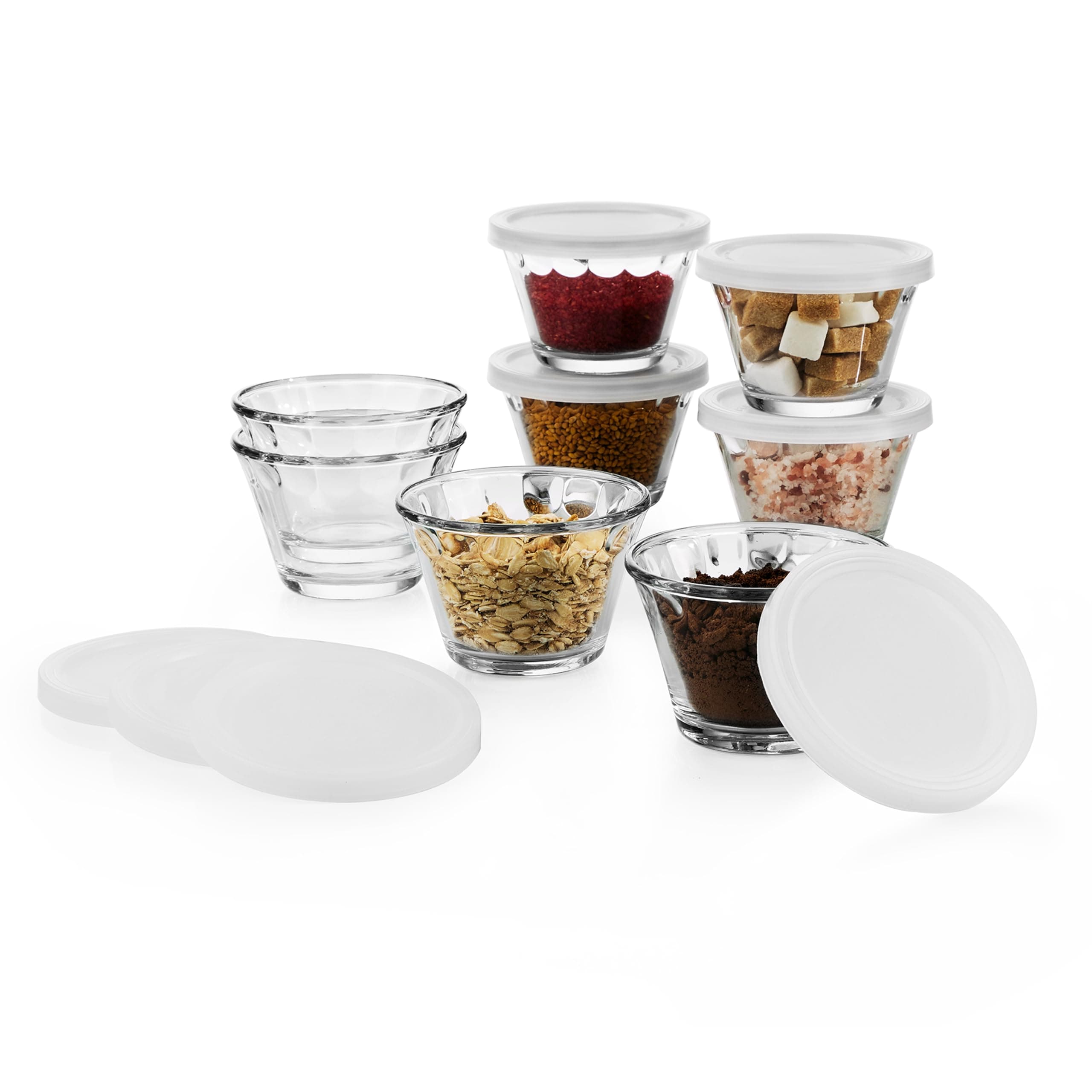 Baker’s Basics 8-Piece Cupcake Party Glass Baking Dish Set with Lids, Round Small Glass Bowls, Prep Bowls for Cupcakes, Mini Pot Pies, and More