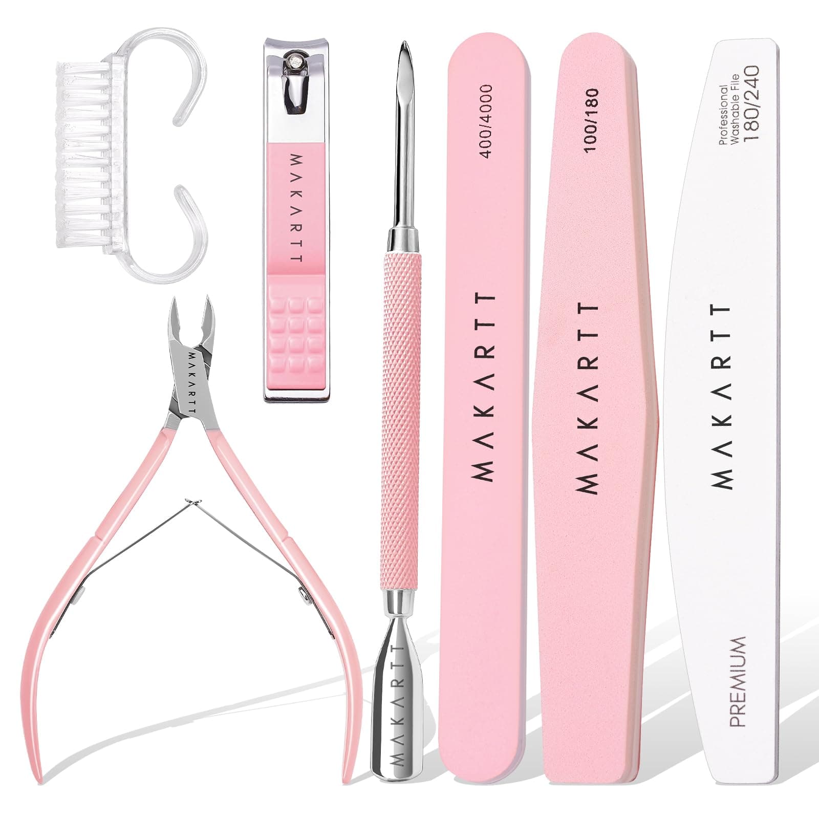 Makartt Nail File and Buffer Set, Pink Basic Prep Kit with Cuticle Clipper, Trimmer, Pusher, Brush, Manicure Care Kit for Natural and Acrylic Nails (7pcs)