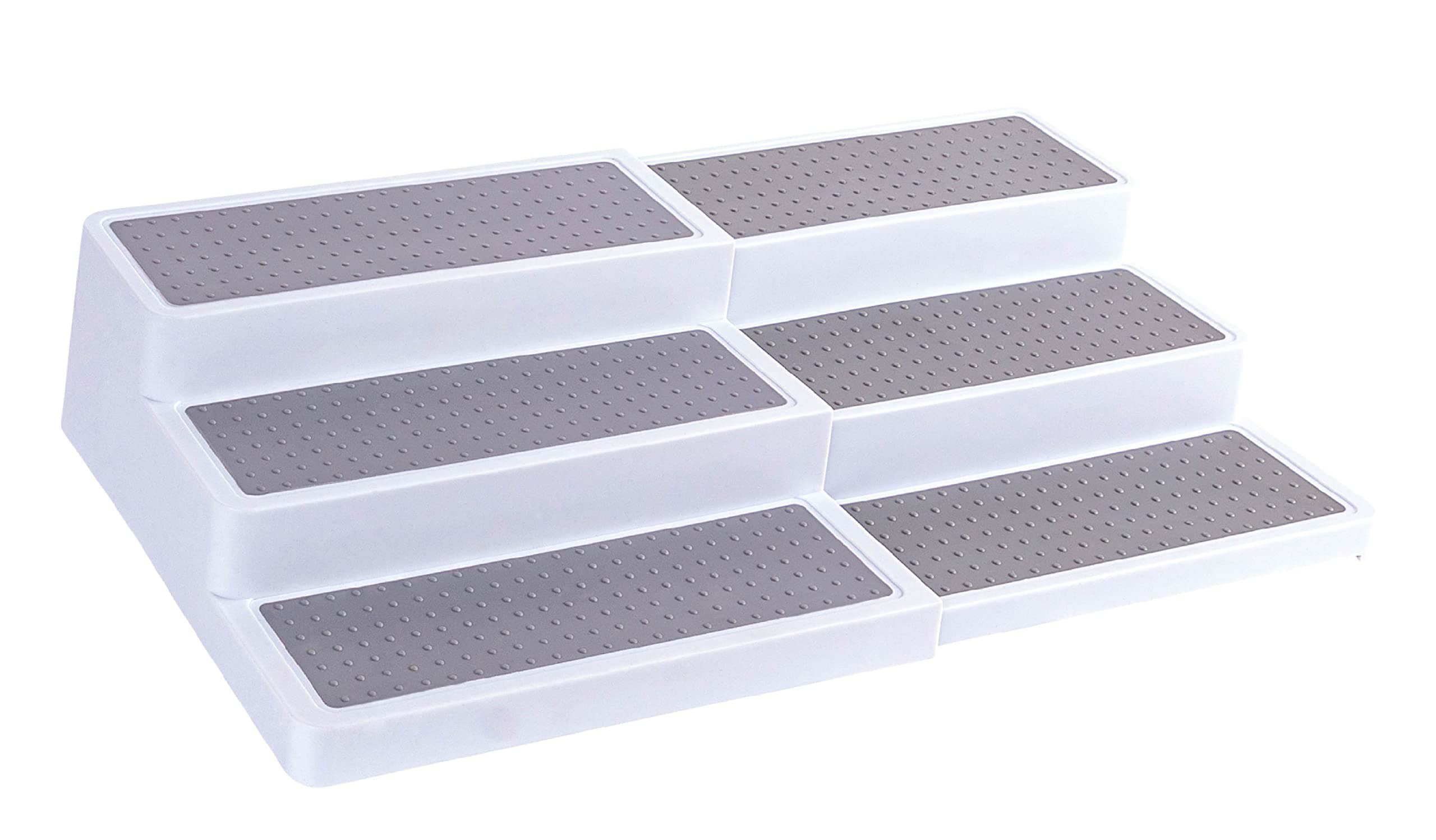 3–Tier Expandable Plastic Spice Rack - Adjustable Length, Stability with Non-Skid Shelf, Three Tiers for Easy Visibility, Organizer for Kitchen Cabinet, Pantry or Countertop, White/Grey