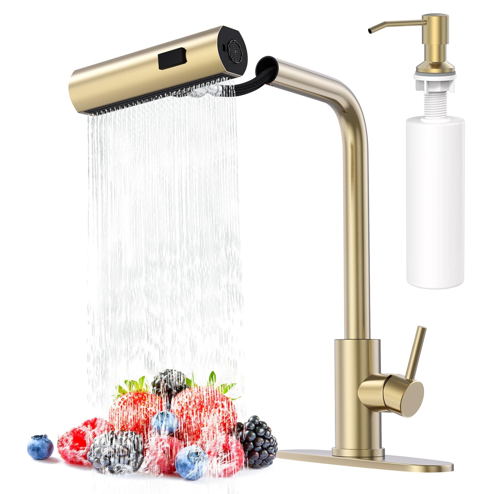 Brushed Gold Waterfall Kitchen Faucets with Pull Down Sprayer, Single Hole, Single Handle, Pull Out Tap, Stainless Steel Sink Faucet, Suitable for Farmhouse Camper Laundry Rv Bar