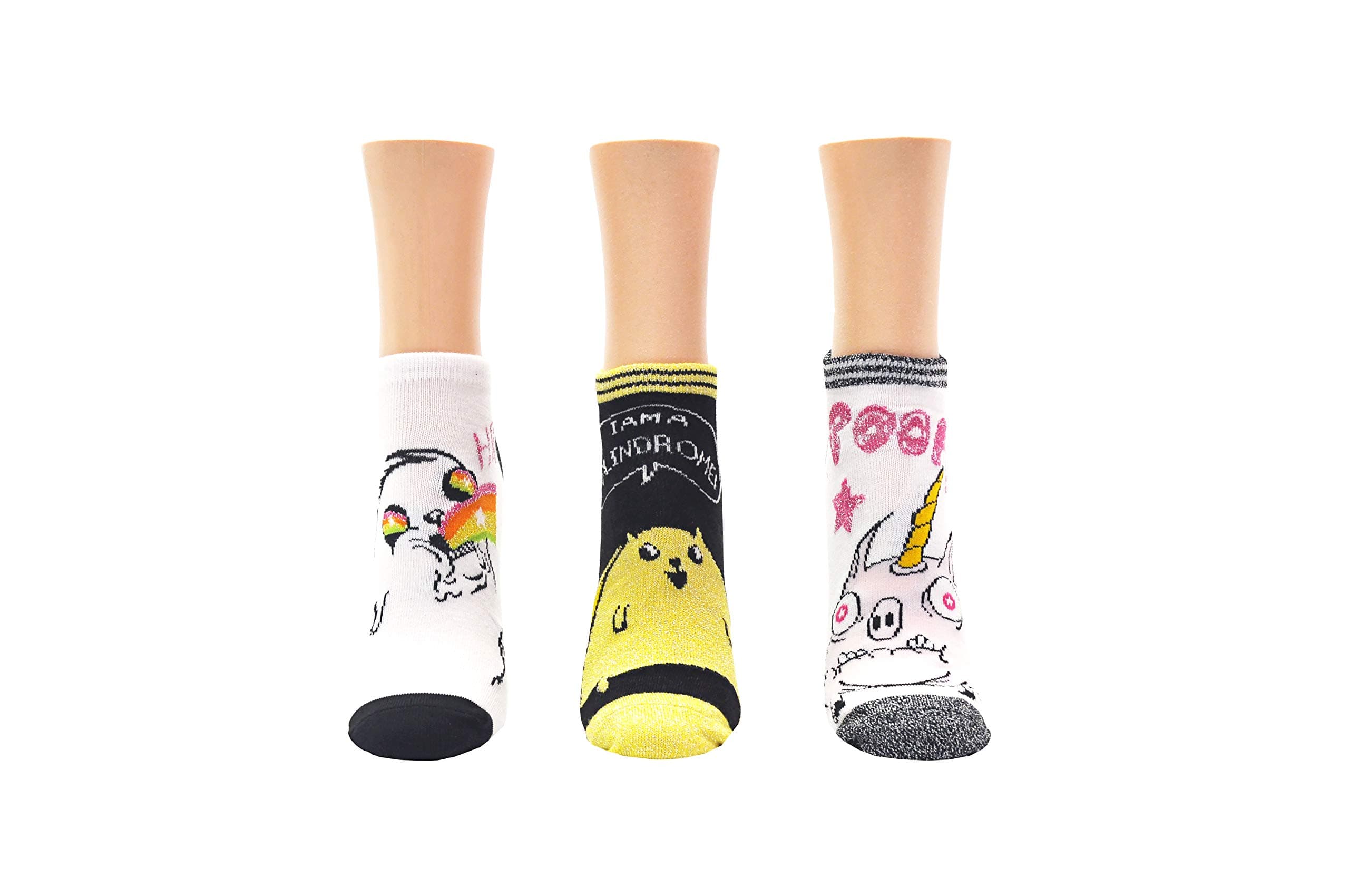 Exploding Kittens Lowcut Socks (3 Pair) - Rainbow-Ralphing Cat, Tacocat, Pig-a-corn - Fits Ladies Shoe Size 4-10