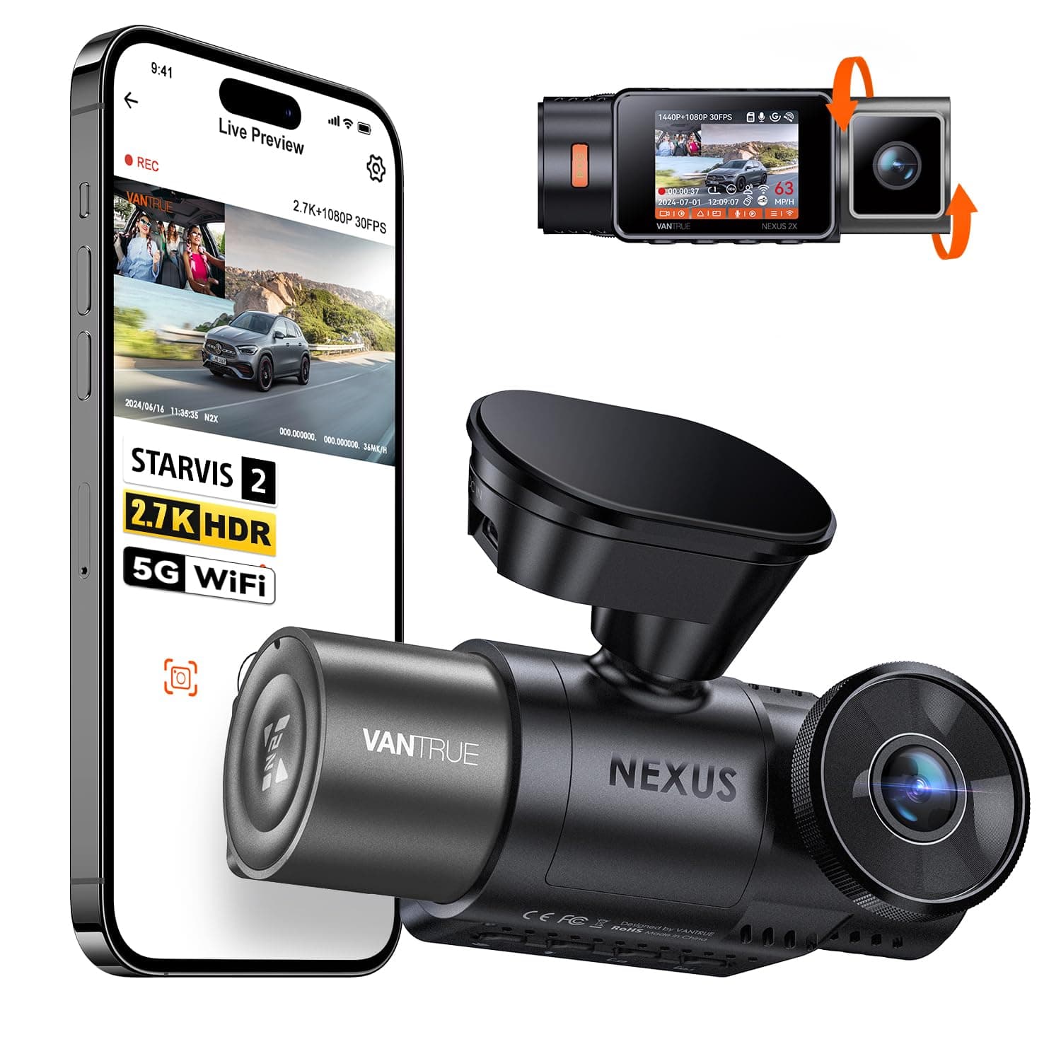 N2X Dash Cam 2.7K Front and Inside, STARVIS 2 IMX675, Dual Dash Cam For Cars, Car camera with 5G WiFi, HDR, Night Vision, GPS, 24H Buffered Parking Mode, 60fps, Voice Control,Support 512GB Max