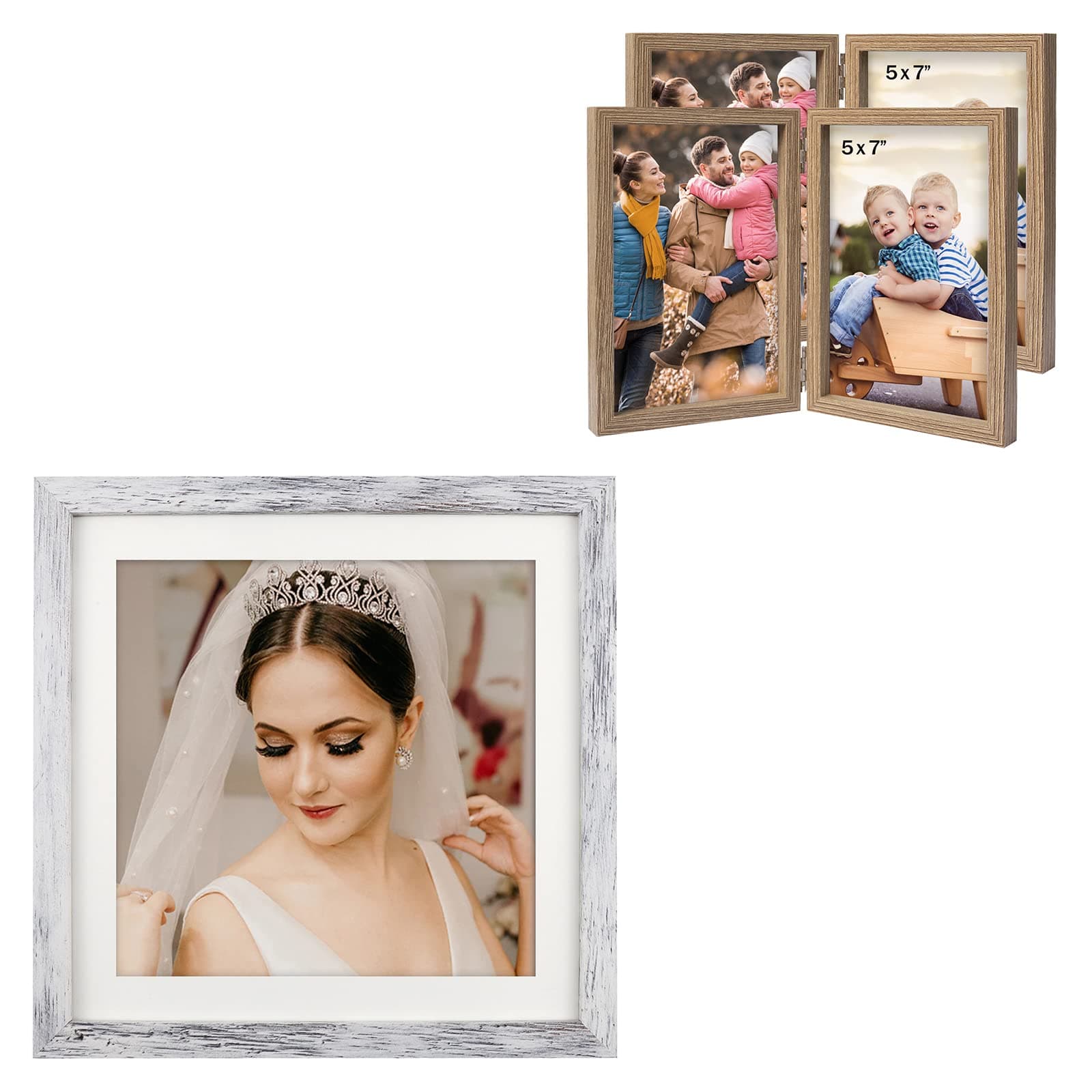 ORIVANWhite 10x10 Picture Frames for Wall and Tabletop Frame with 2 Pack 5x7 Double Picture Frames Hinged Folding Frame