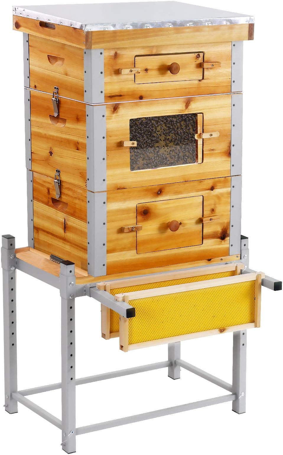 Bee Hive Boxes Starter Kit,3 Layer Metal Frame Bee House with 10 Medium and 20 Deep Frames & Foundations,Langstroth Honey Bee Hive with Metal Stand