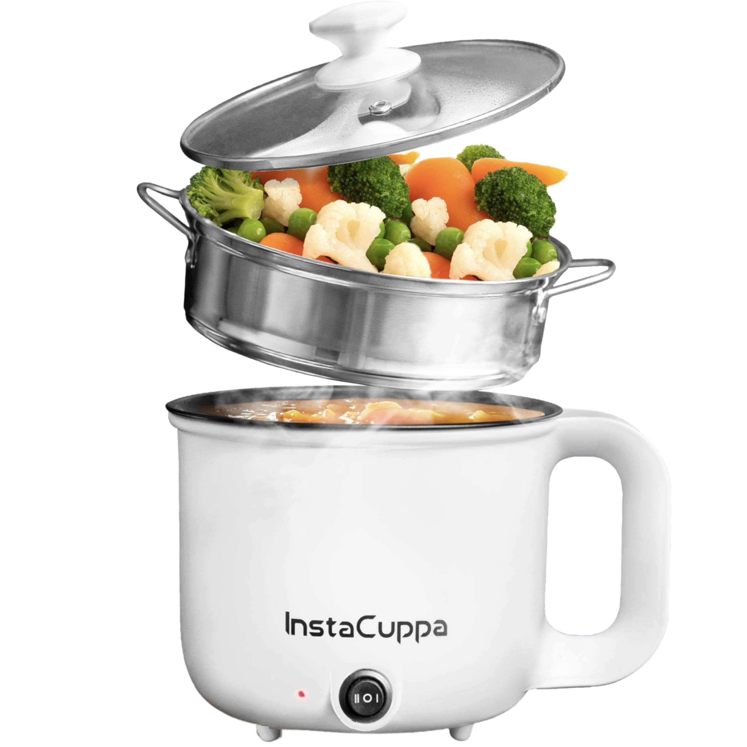InstaCuppa 3-in-1 Multi Cook Kettle with Steamer, 1.2 L Inner Pot, Adjustable Temperature Settings, Wide Mouth, Ideal for Boiling Milk, Tea, Coffee, Eggs & Steaming Veggies, 600 Watts, Elegant White
