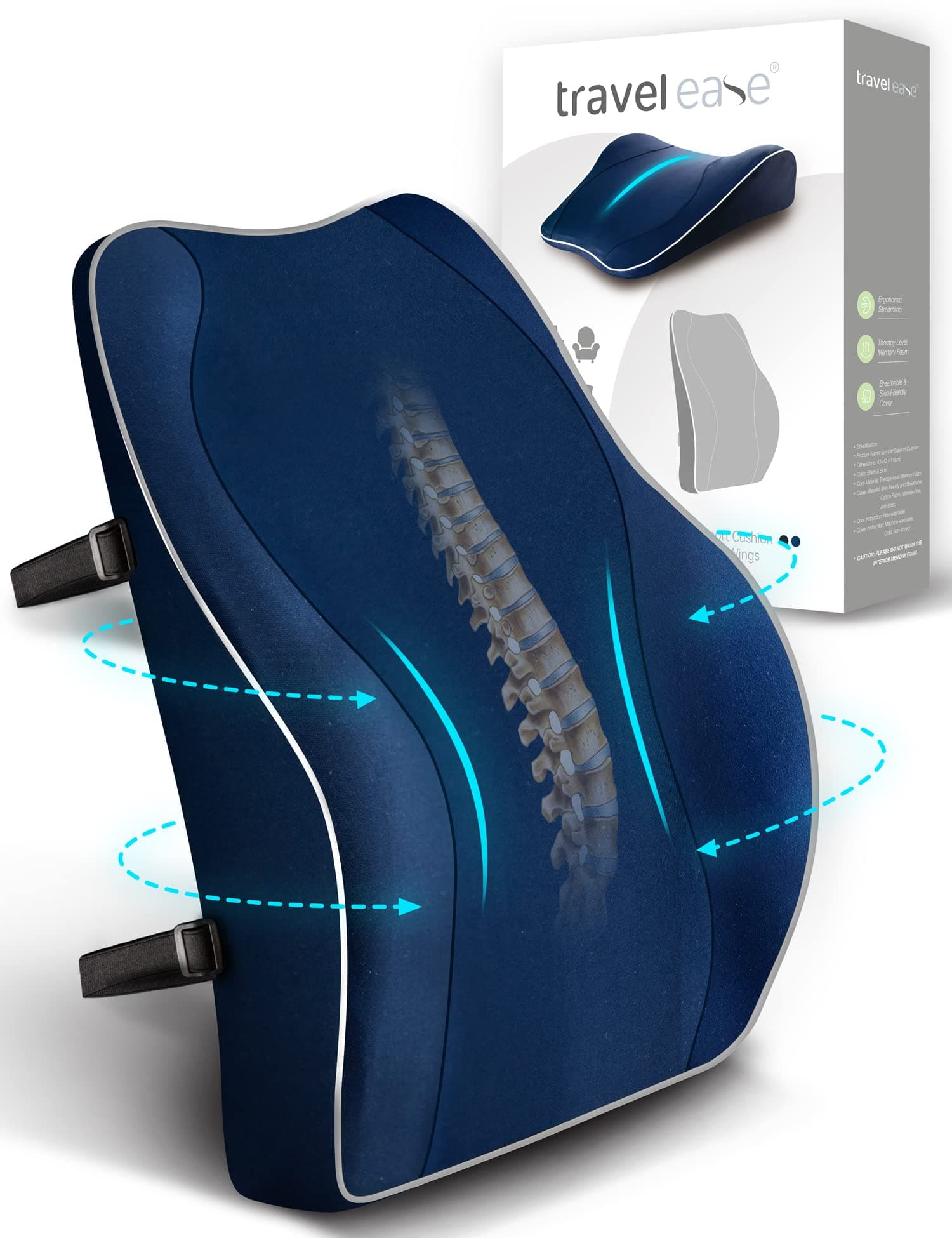 Travel Ease Ergonomic Lumbar Support Cushion, Memory Foam Back Support Cushion for Office Chairs with Skin-Friendly Cover for Comfort (DarkBlue)