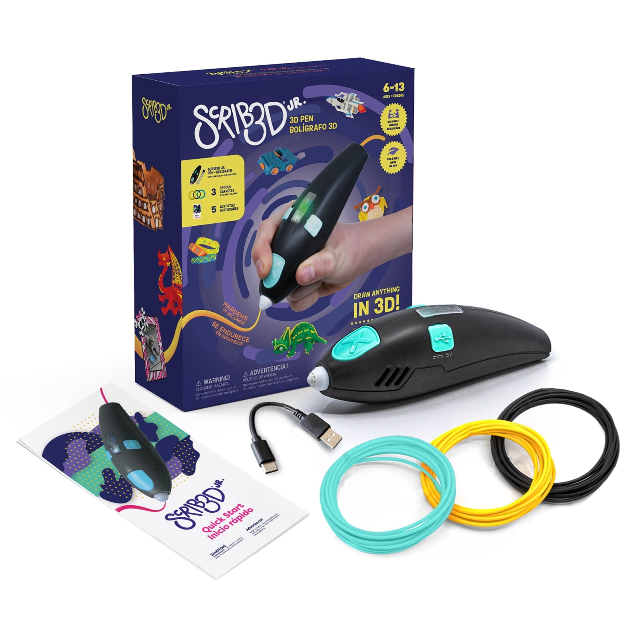 SCRIB3D Junior 3D Printing Pen Set with Filament, Activity Guide, and USB Charging Cable