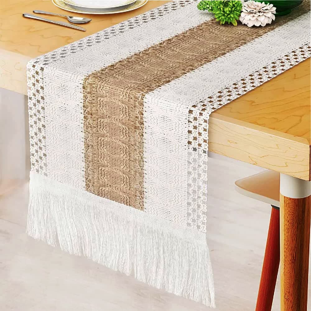 KASTWAVE Macrame Table Runner, Burlap Table Runners Farmhouse Style Boho Table Runners with Tassels, Rustic Splicing Cotton Table Runner for Wedding Home and Dining Table Decor 12 x 71 Inch