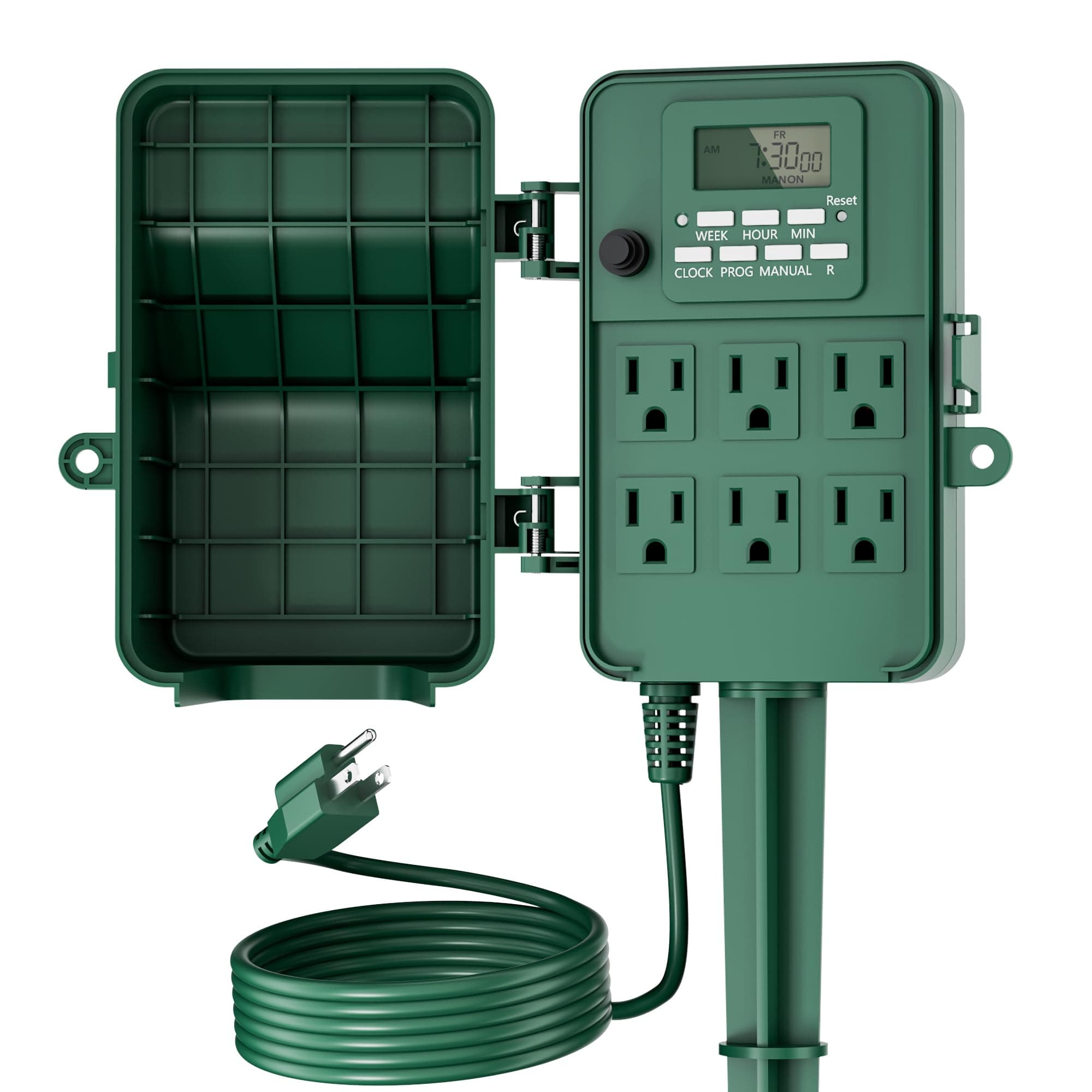 BN-LINK Outdoor Power Stake, 7-Day Programmable Digital Timer, 6 Outlets, 6FT Extension Cord, Waterproof Perfect for Christmas, Halloween, Garden Decorations, ETL Listed