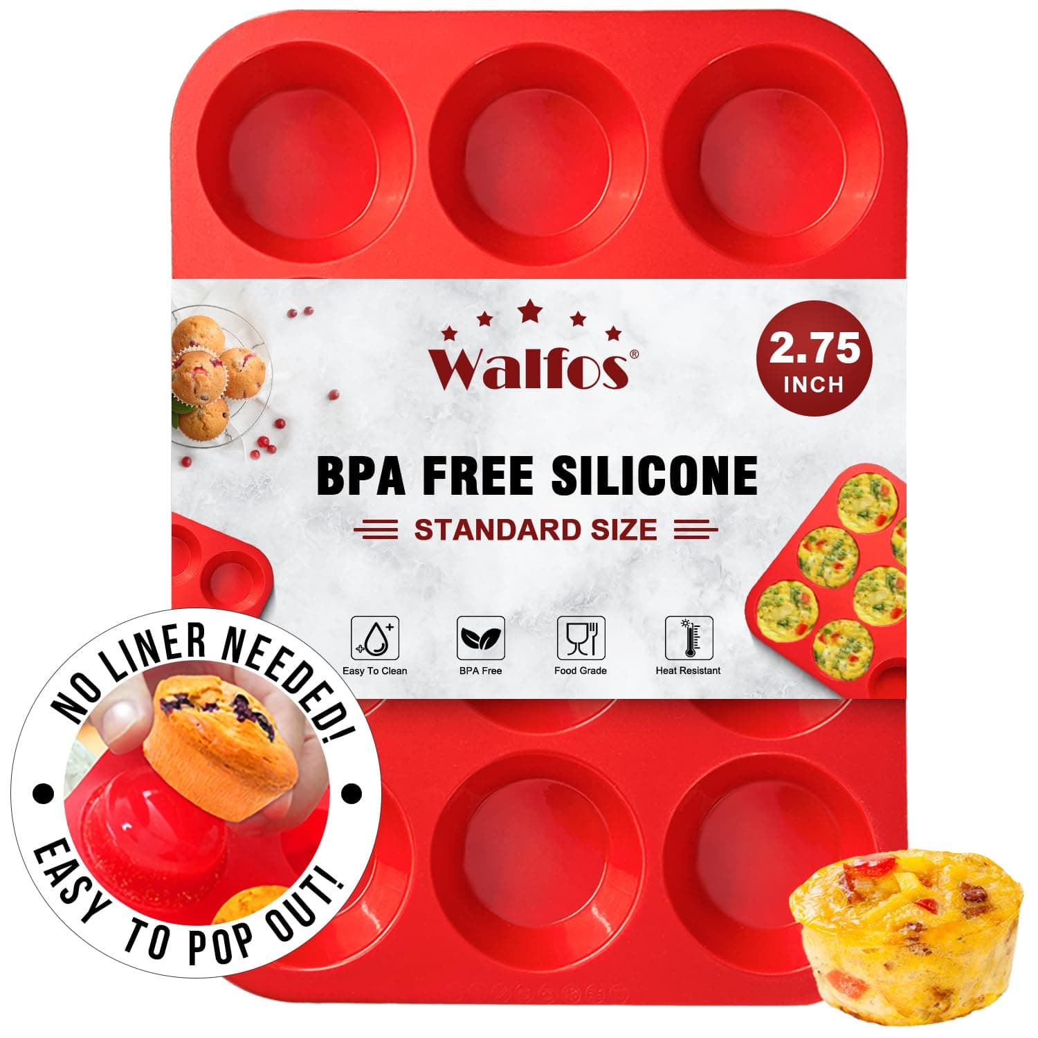 Walfos Silicone Muffin Pan - 12 Cups Regular Silicone Cupcake Pan, Non-stick Great for Making Muffin Cakes, Tart, Bread - BPA Free and Dishwasher Safe