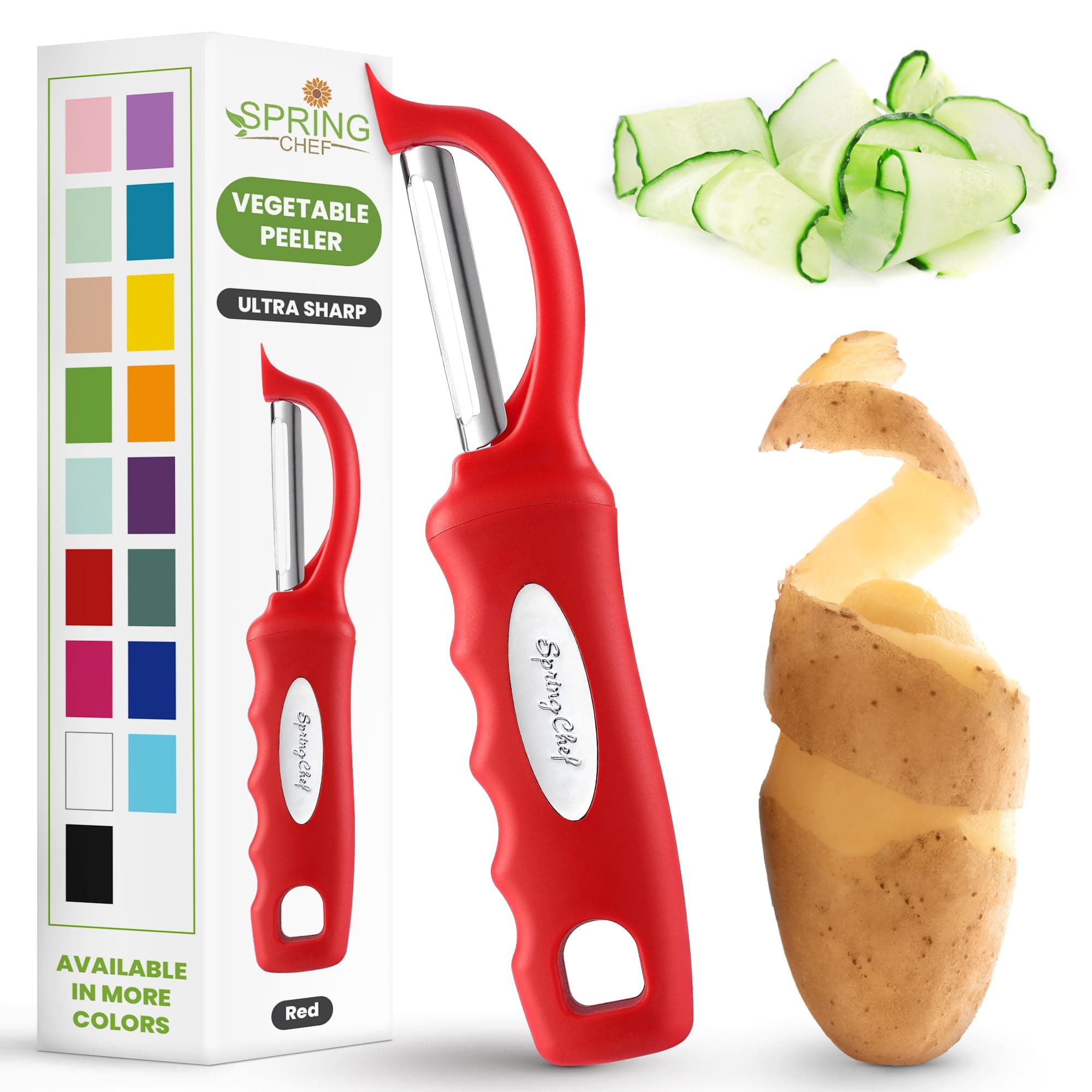 Spring Chef Premium Swivel Vegetable Peeler, Soft Grip Handle and Ultra Sharp Stainless Steel Blades - Perfect Kitchen Peeler For Veggie, Fruit, Potato, Carrot, Apple - Red