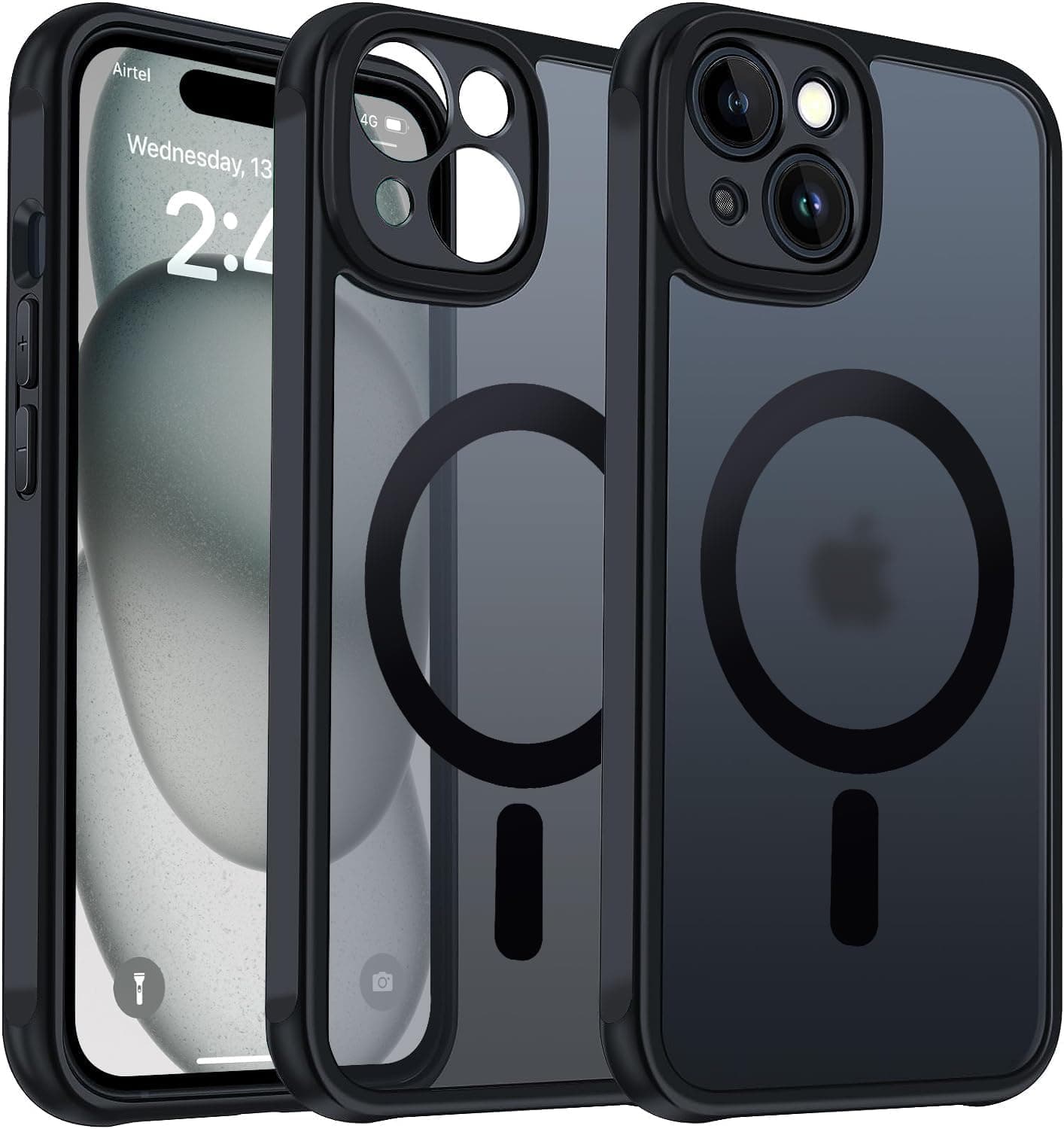 Designed for iPhone 15 Case | Strong Magnet Camera Protection Translucent Matte Hard Back Cover Compatible with Mag-Safe (TPU+Polycarbonate | Frost Black)