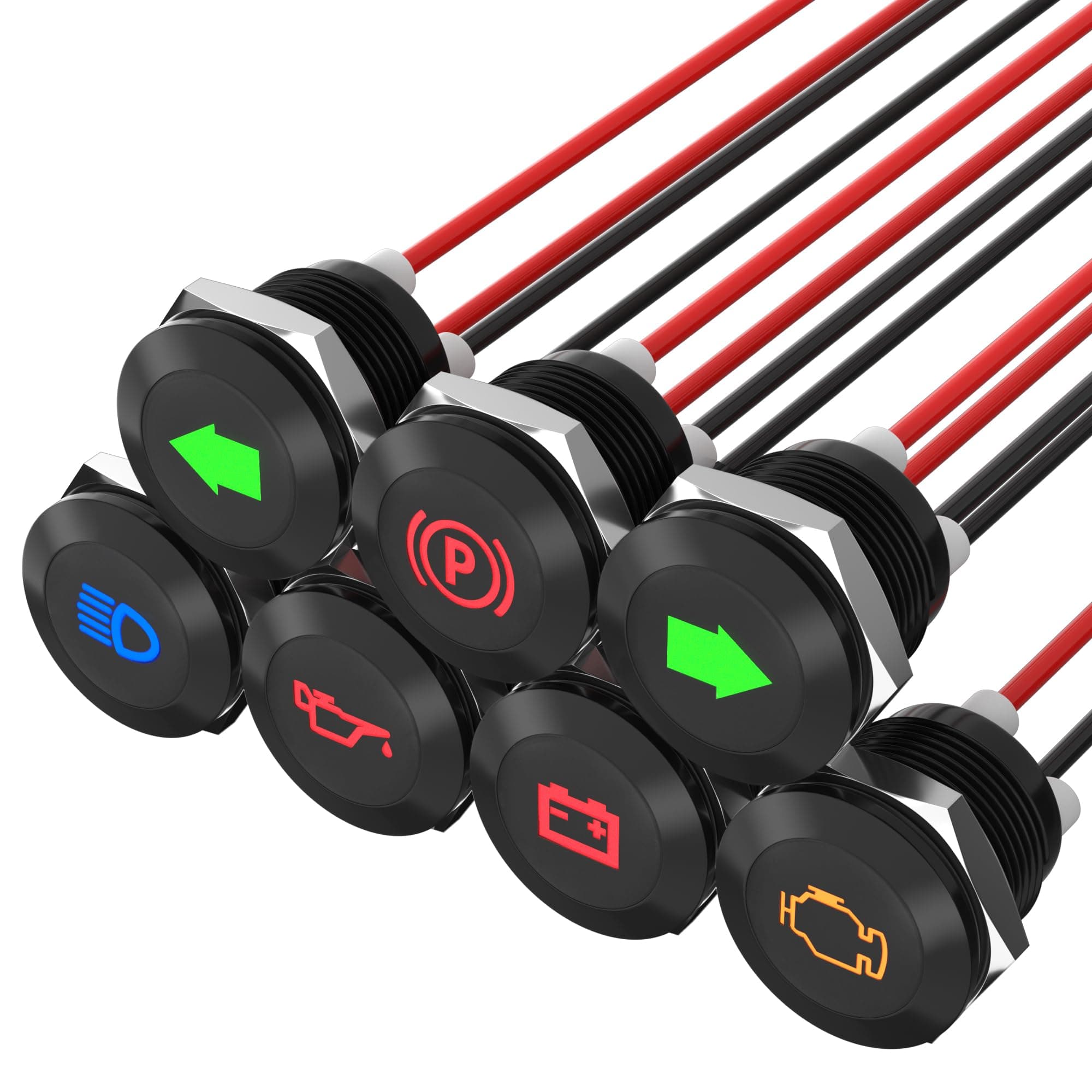 12V LED Indicator Light Small Indicator Light Waterproof 1/2" Panel Cutout 12 Volt 24 Volt Metal LED Indicator Pilot Dash Light with 300MM Wires -7PCS Black