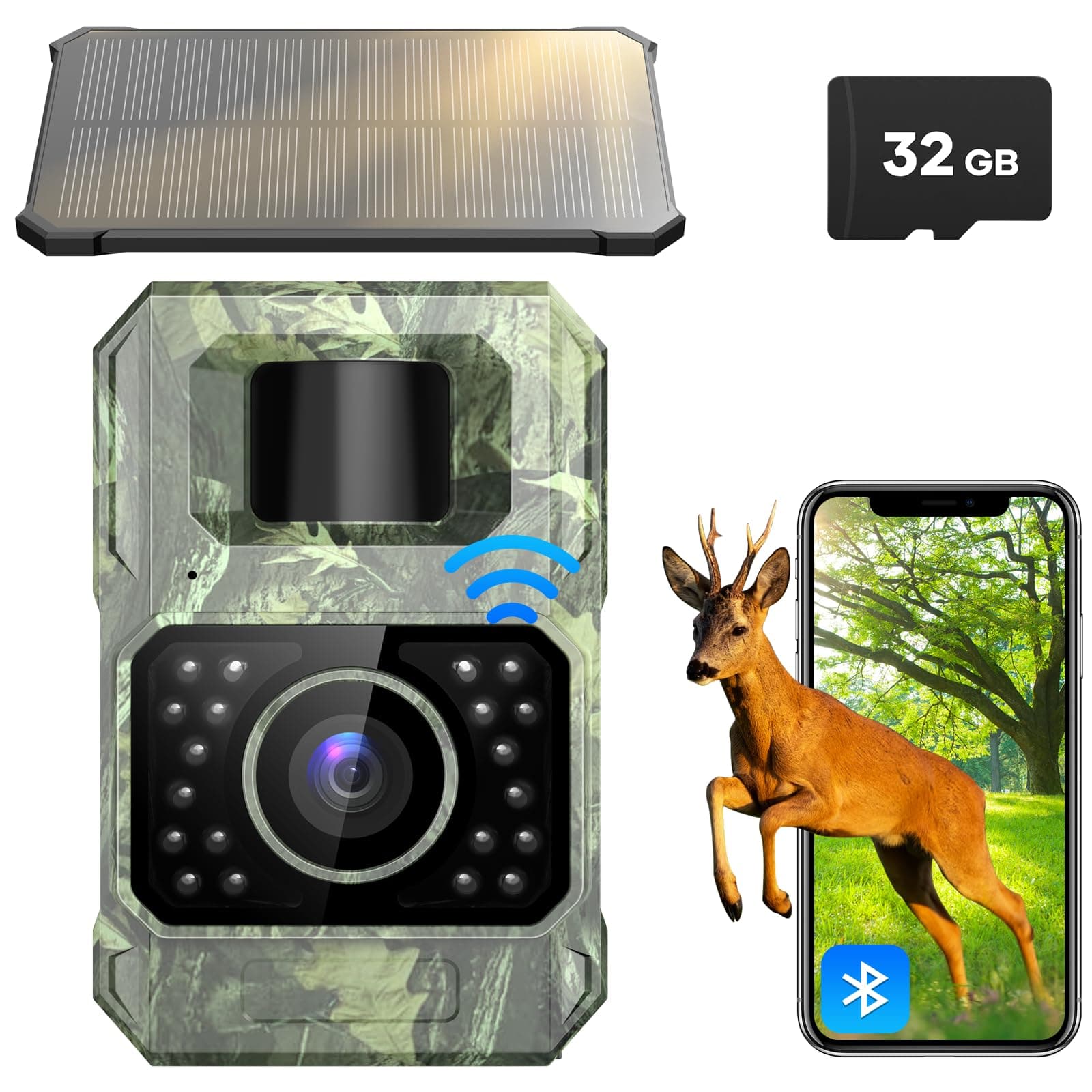 Assark Trail Camera Solar Powered 48MP 30FPS WiFi Bluetooth Game Camera with Motion Activated 0.2s Trigger 0.2s, Motion Activated Night Vision IP66 Waterproof for Wildlife Scouting