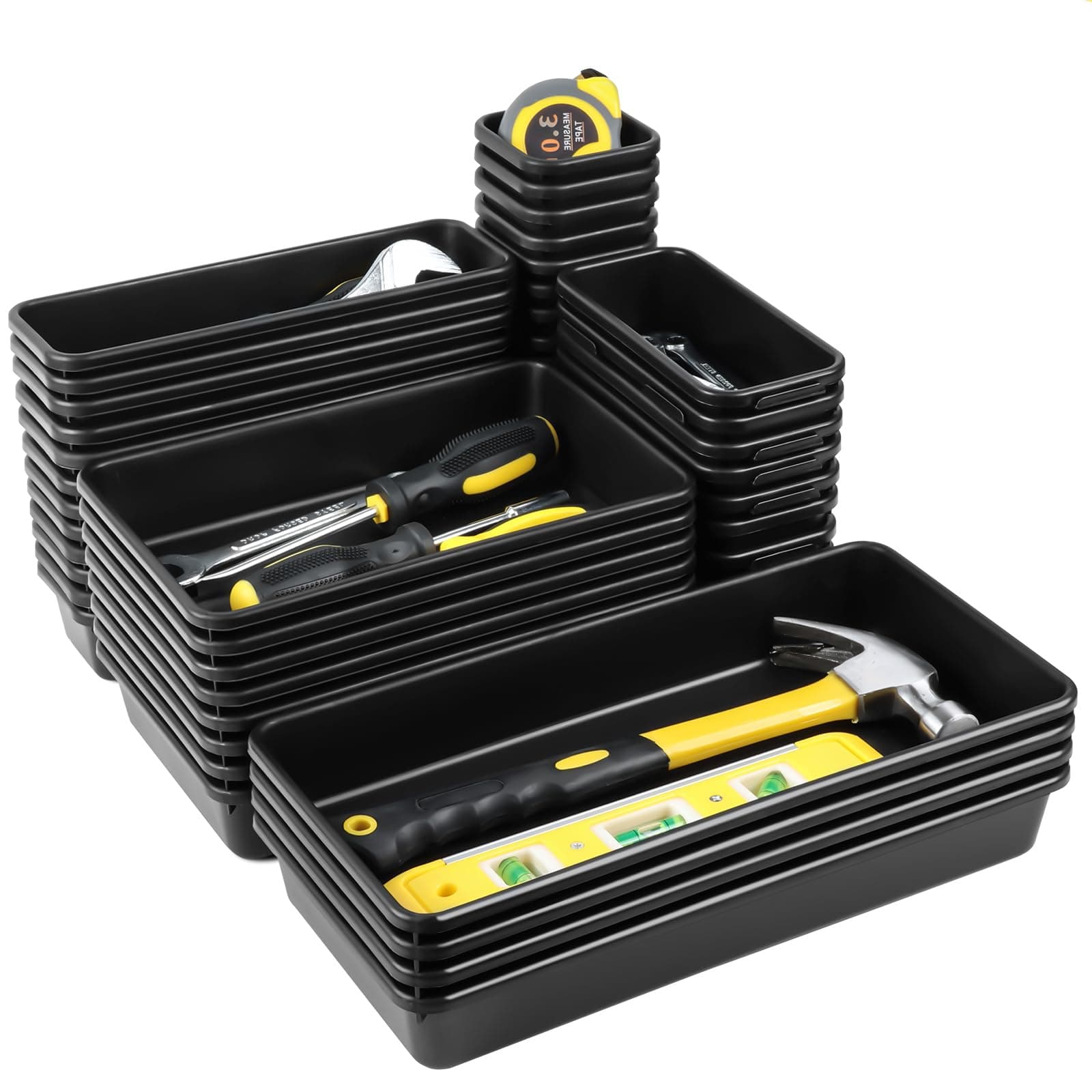 60PCS Tool Box Organizer Tray Divider, More Large Sizes-5 Sizes Desk Drawer Organizers Garage Tool Organizer and Storage, Black Plastic Tray Organizer Bins for Home Office Supplies and Tools