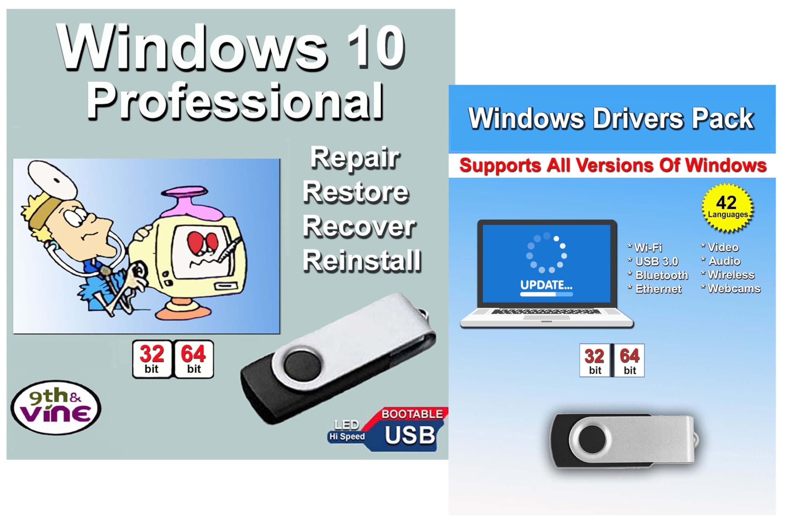 Computer Werx Compatible with Windows 10 Professional 32/64 bit USB With Key. Install, Upgrade, Recover, Repair and Restore Plus Windows Drivers USB. 2 Pack