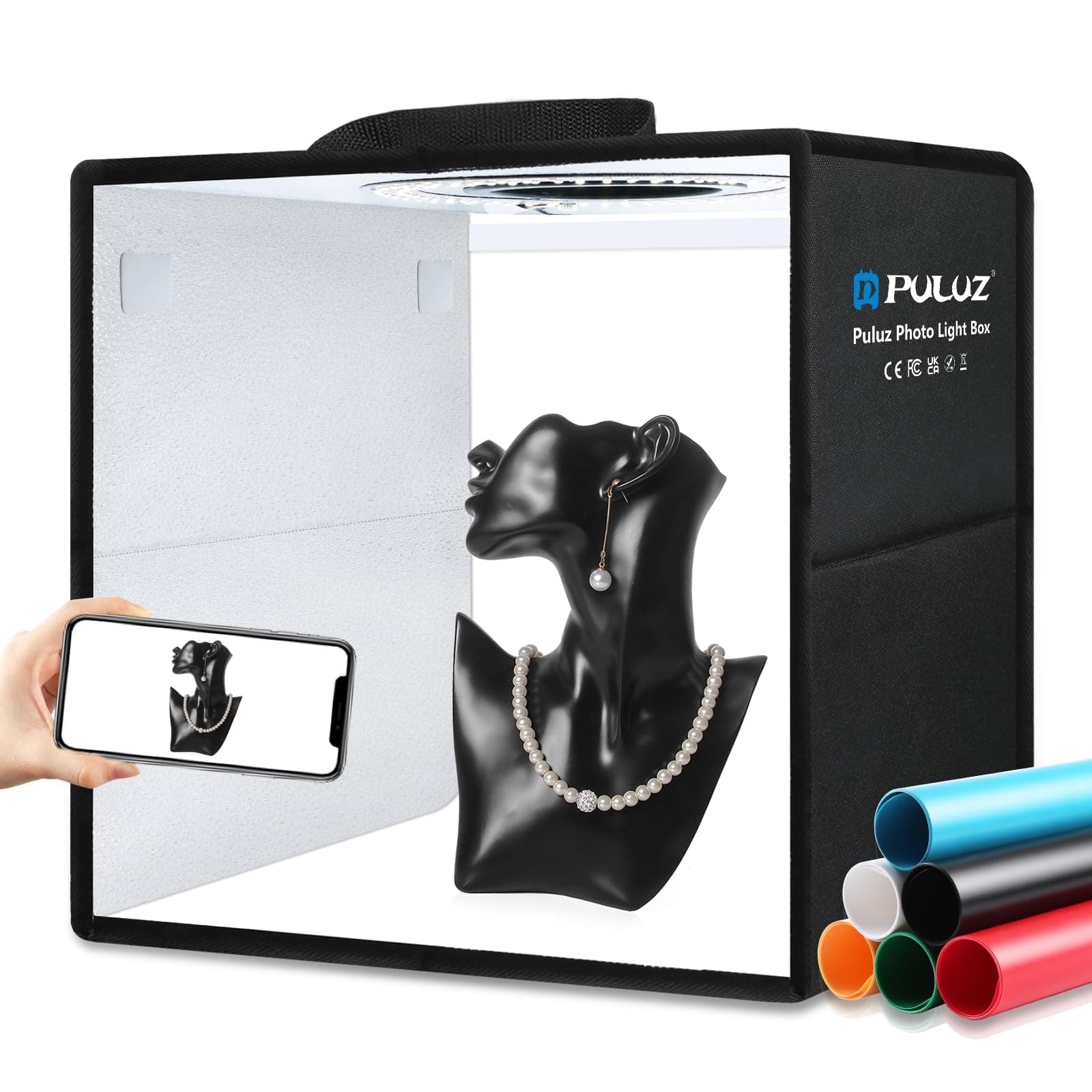 PULUZ Light Box Photography, 12 x 12 Inch Professional Dimmable Shooting Tent Kit with CRI > 95 White Lighting 112 LEDs Lights + 6 Photo Backgrounds