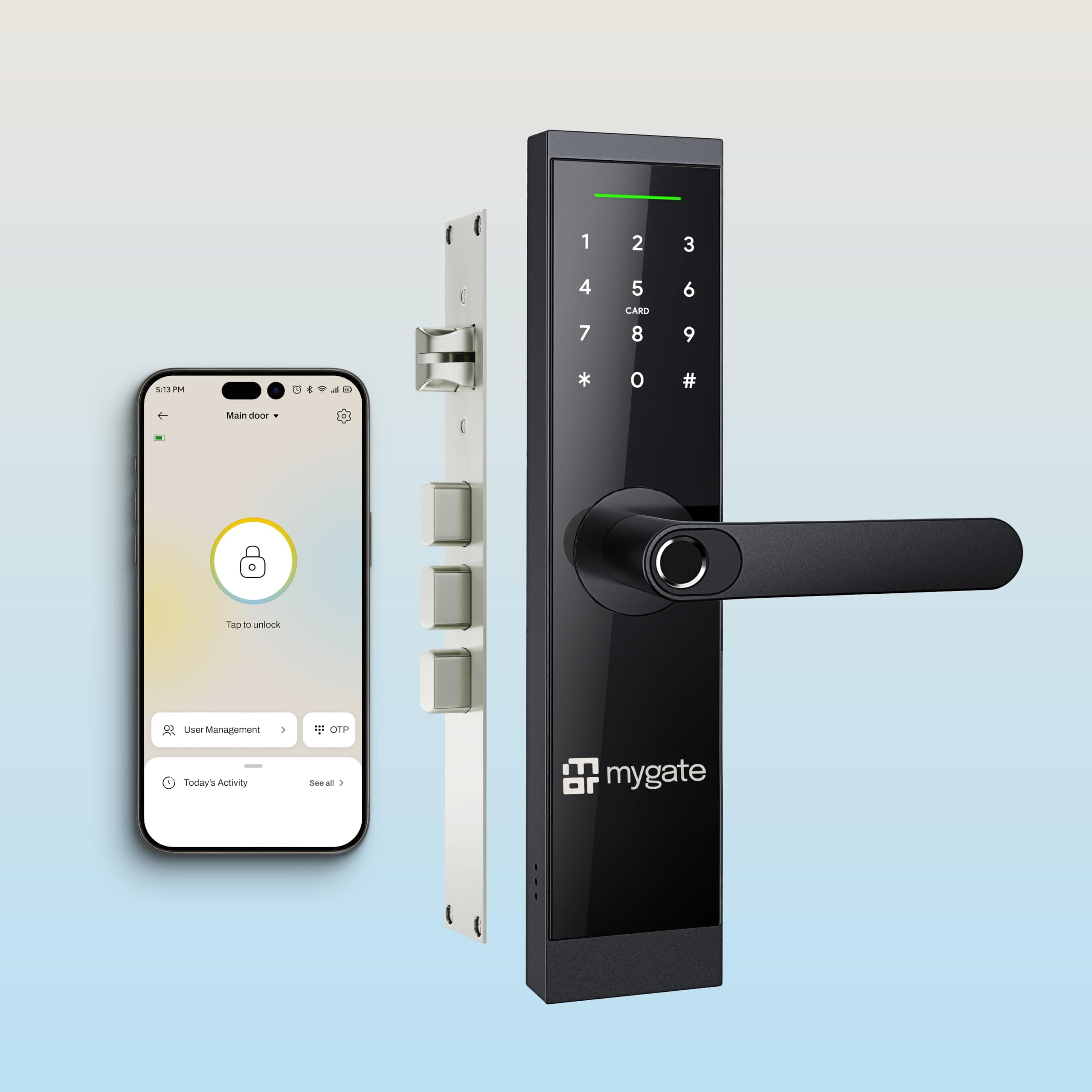 Mygate Smart Door Lock SR with 6 Unlock Methods | 3 Deadbolts | Fingerprint, OTP, PIN, RFID Card, Key & Mobile App Access | Unauthorized Freeze | Remote Unlocking via OTP| 3-Year Warranty by Mygate