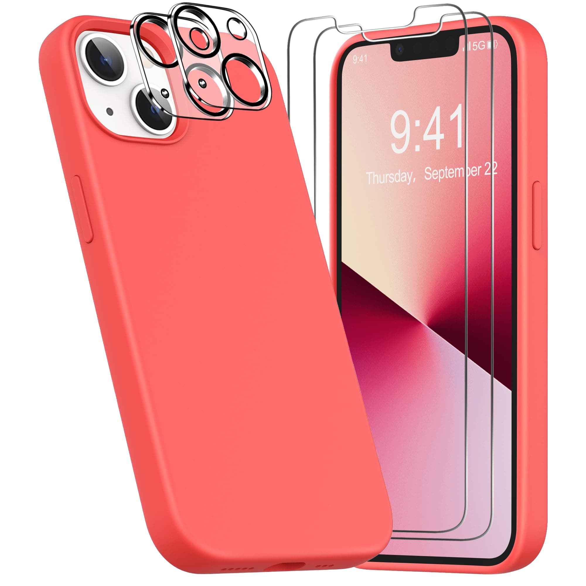 YATWIN [5 in 1 Designed for iPhone 13 Case with 2X Screen Protector + 2X Camera Lens Protector, Liquid Silicone Slim Soft Rubber Shockproof Phone Case Cover for iPhone 13 (6.1") - Peach
